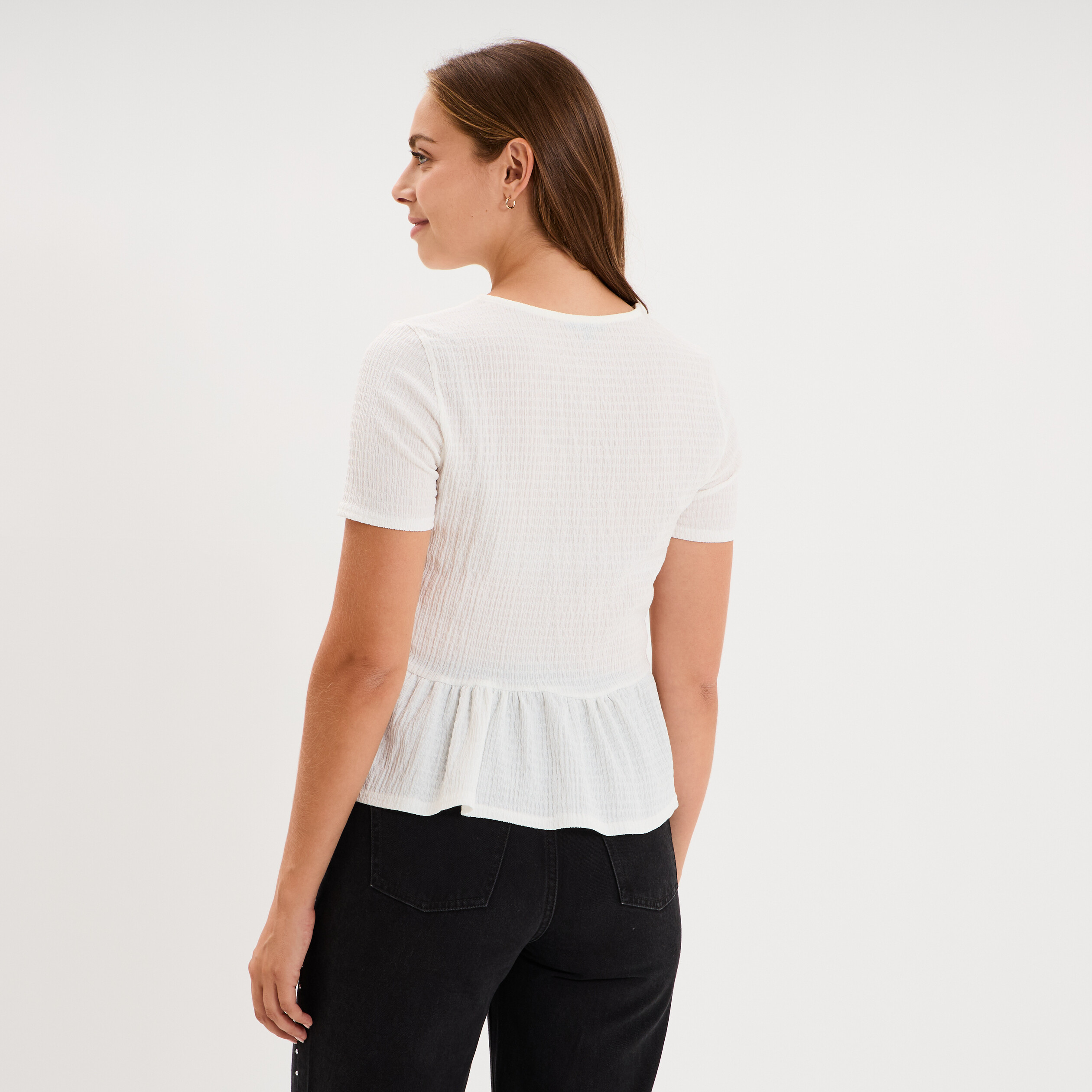 T-shirt gaufr&eacute; taille &agrave; volants blanc femme