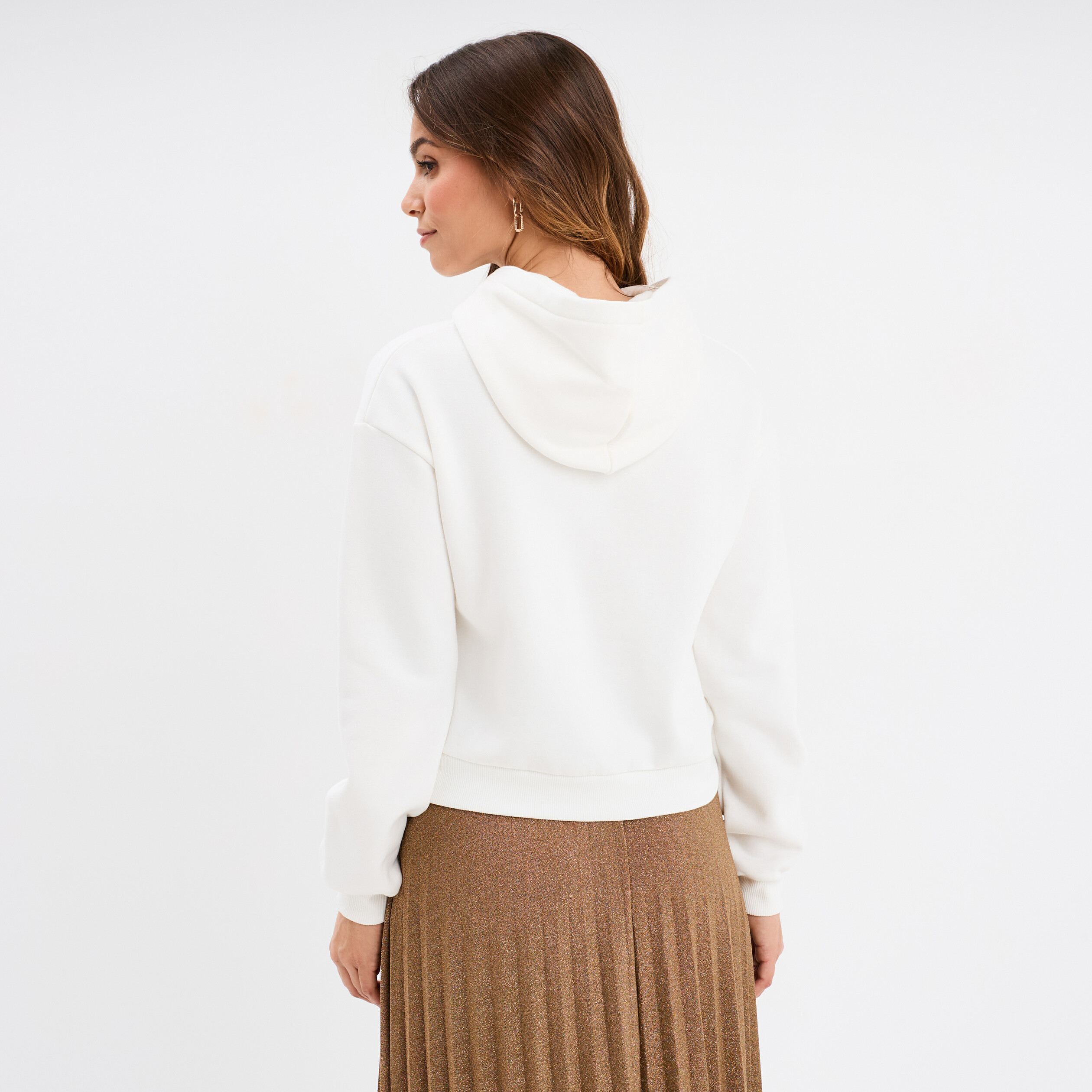 Sweat hoodie cropped à capuche Stitch ivoire femme