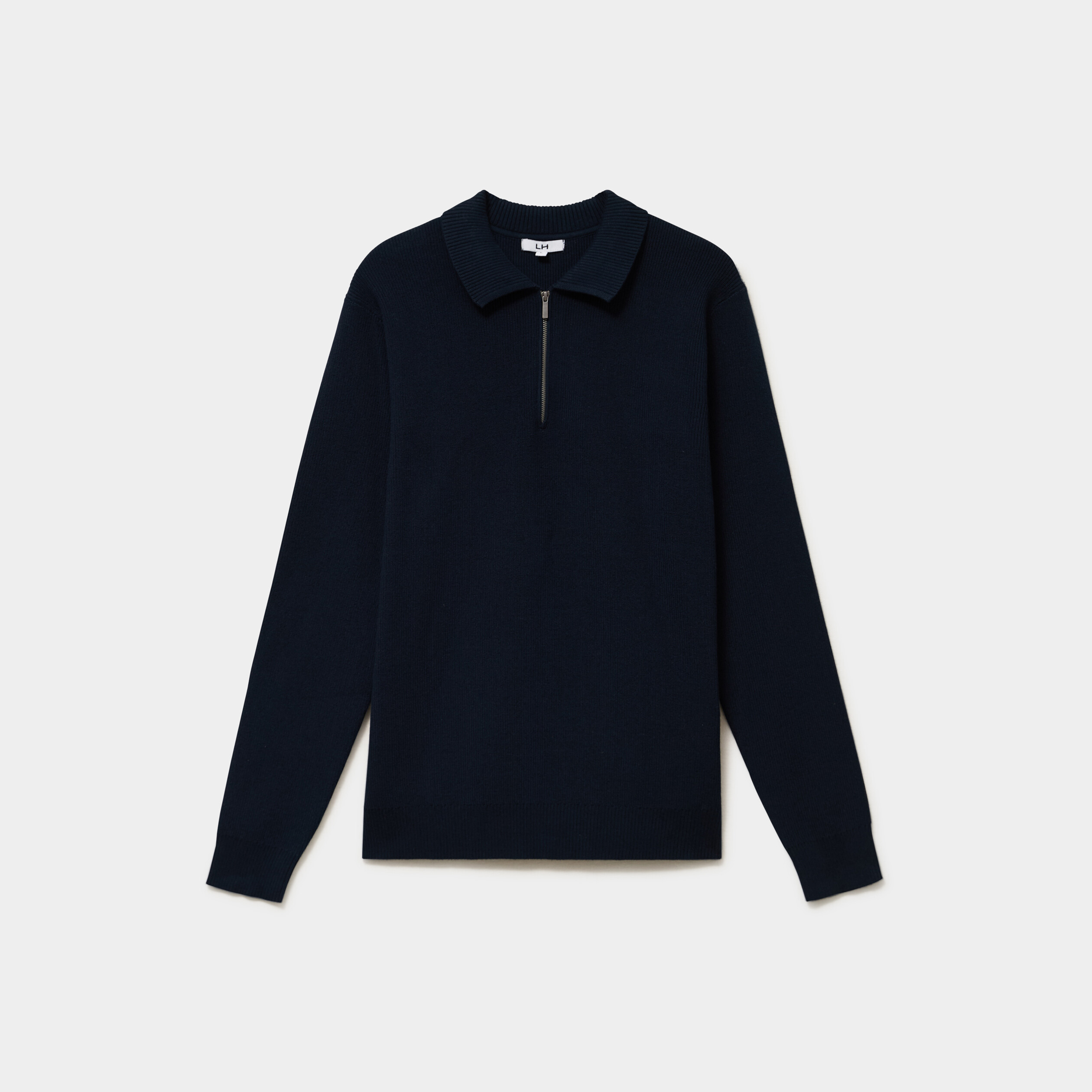 Pull col polo zipp&eacute; manches longues bleu marine homme