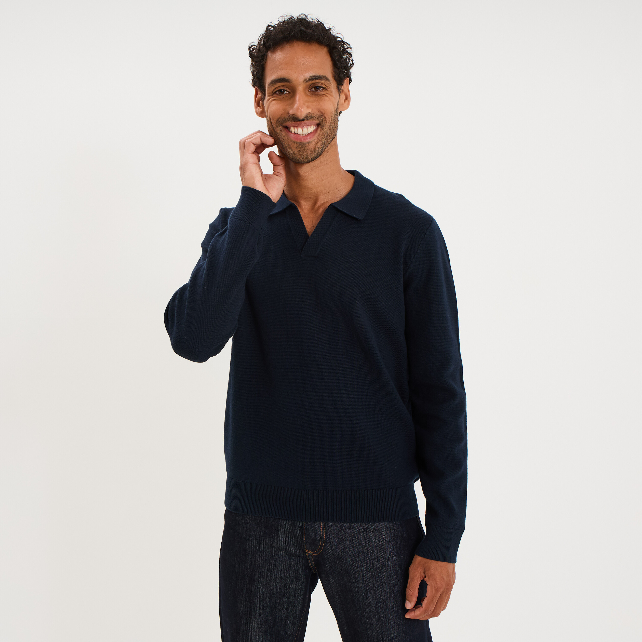 Pull col polo manches longues bleu marine homme