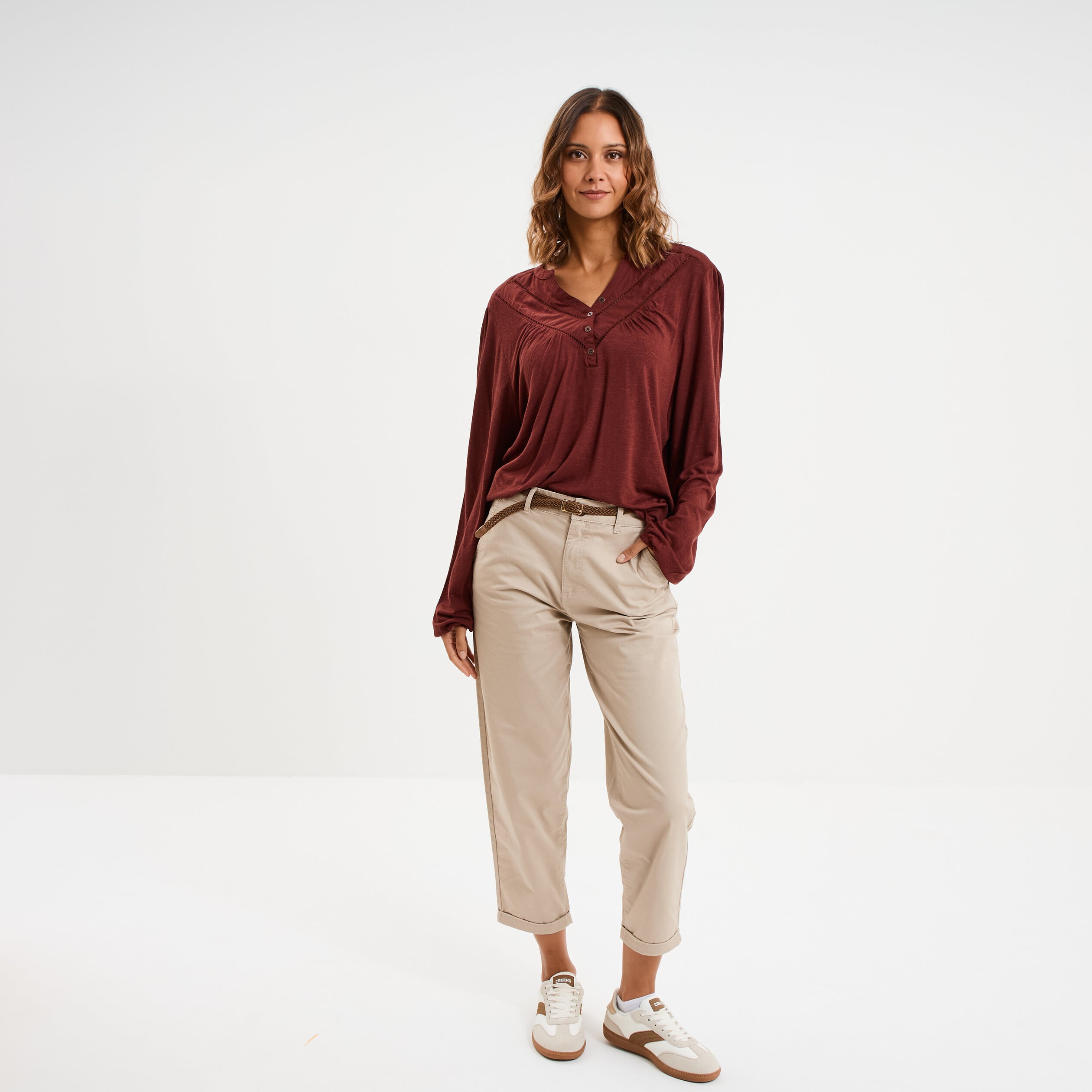 Blouse col tunisien m&eacute;lange lin marron femme