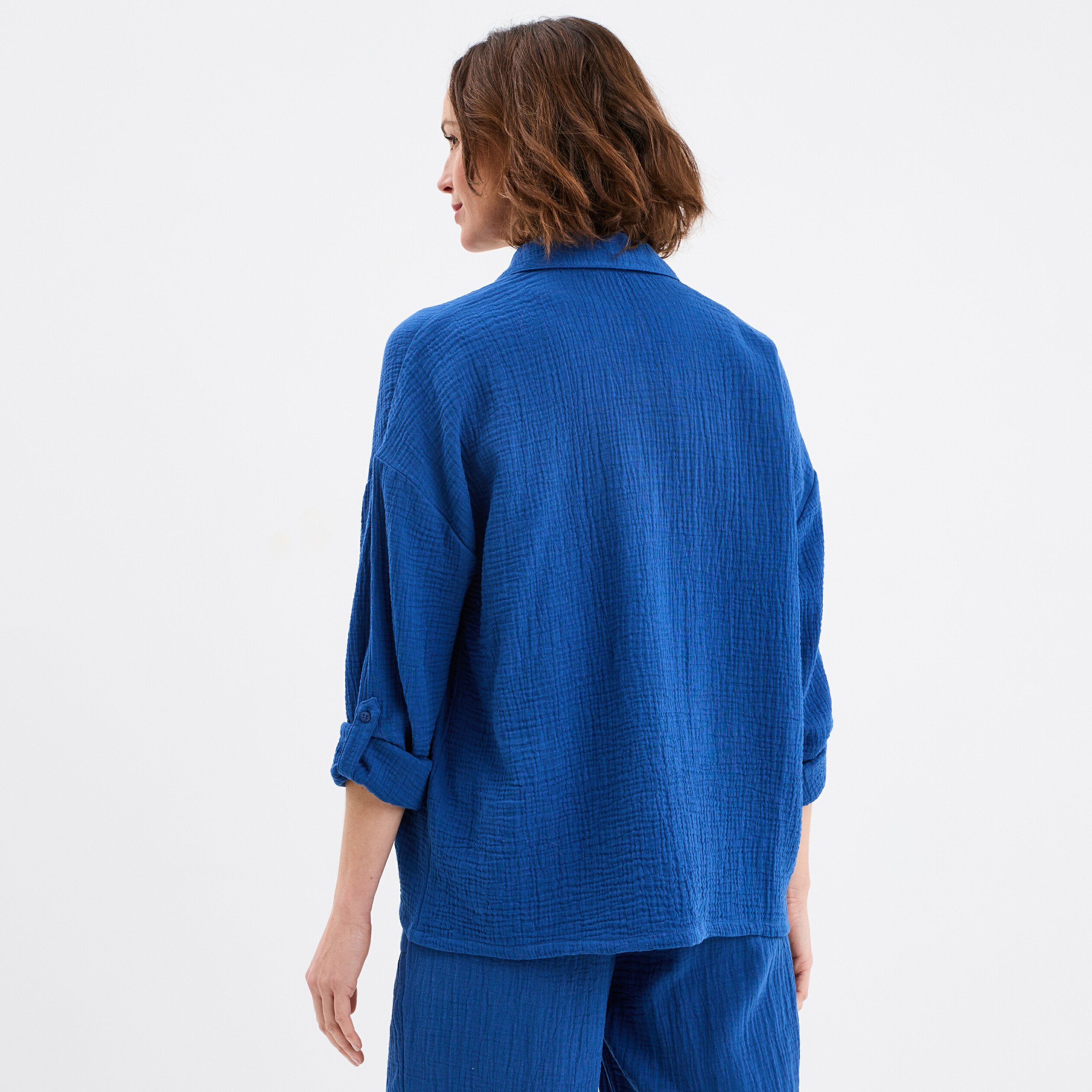 chemise manches longues en gaze de coton bleu marine femme Chemise manches longues en gaze de coton bleu marine femme