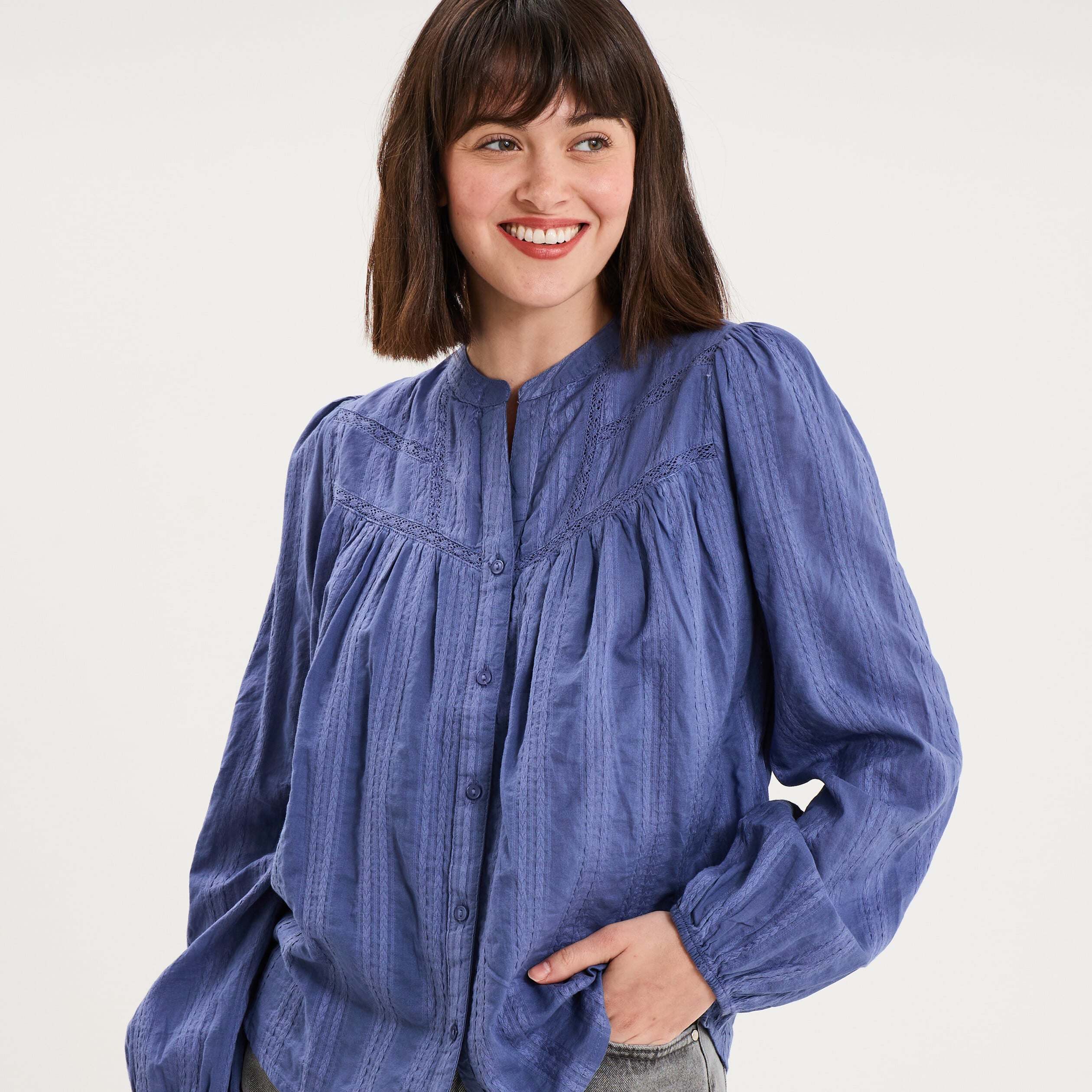 Blouse droite col tunisien coton bleu gris femme
