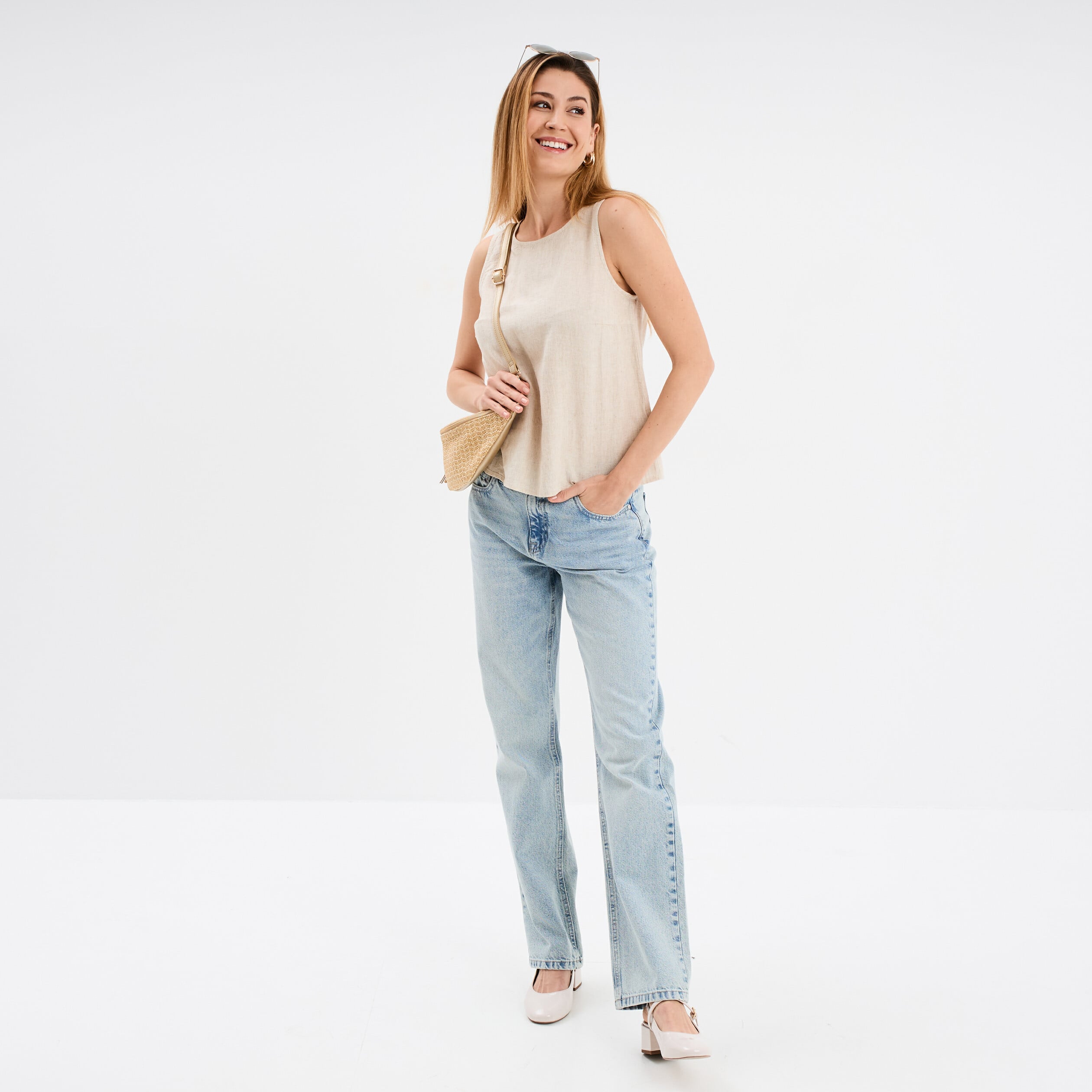 Blouse sans manches lin m&eacute;lang&eacute; beige femme