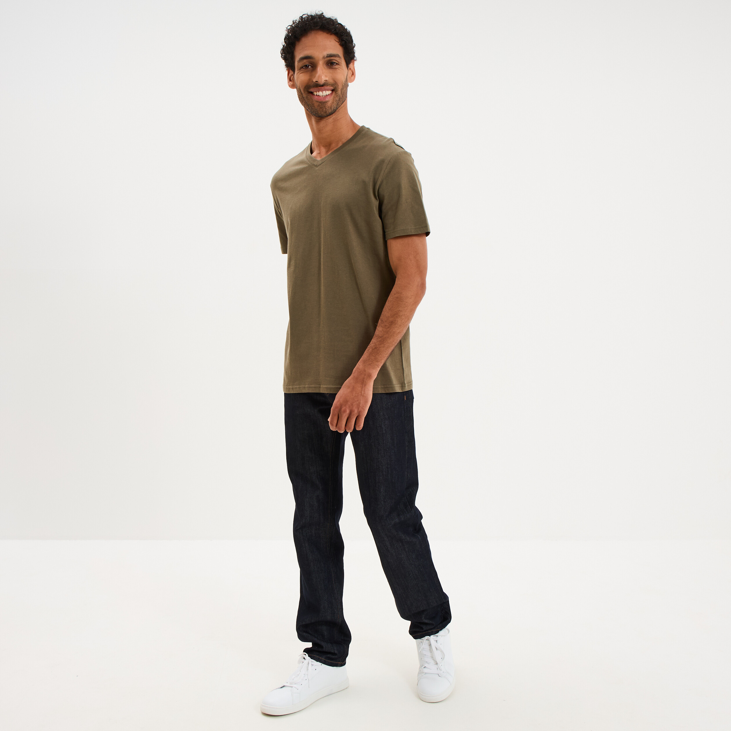 T-shirt manches courtes coton col V vert kaki homme