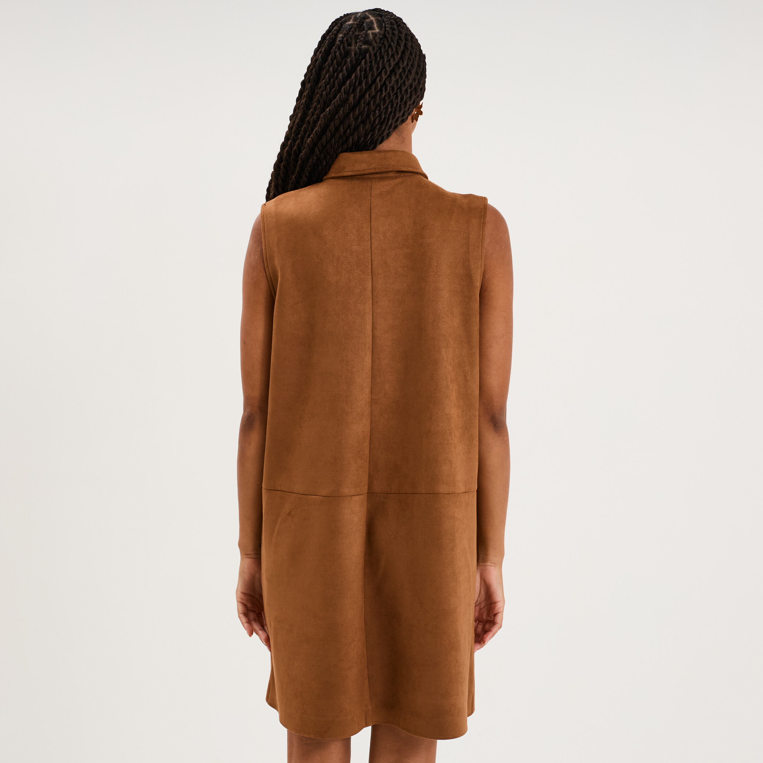 Robe su&eacute;dine sans manche col chemise marron clair femme