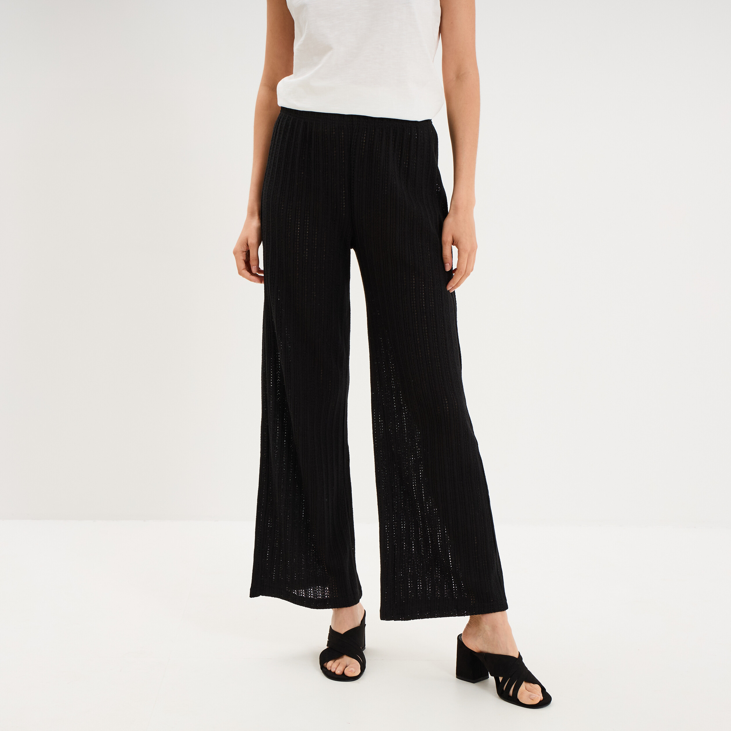 Pantalon large effet crochet &eacute;lastiqu&eacute; noir femme
