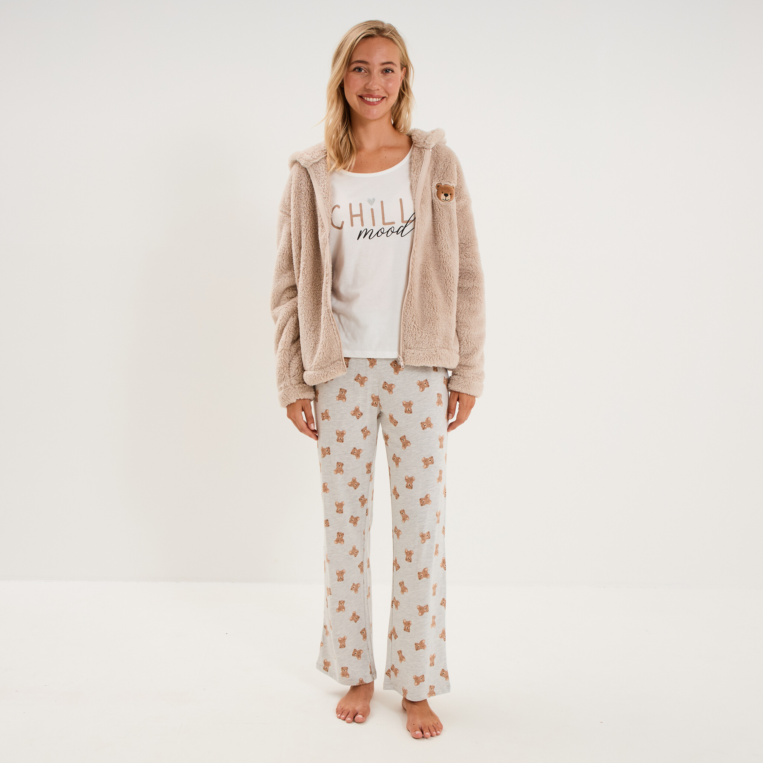 Ensemble pyjama 3 pi&egrave;ces veste polaire ecru femme