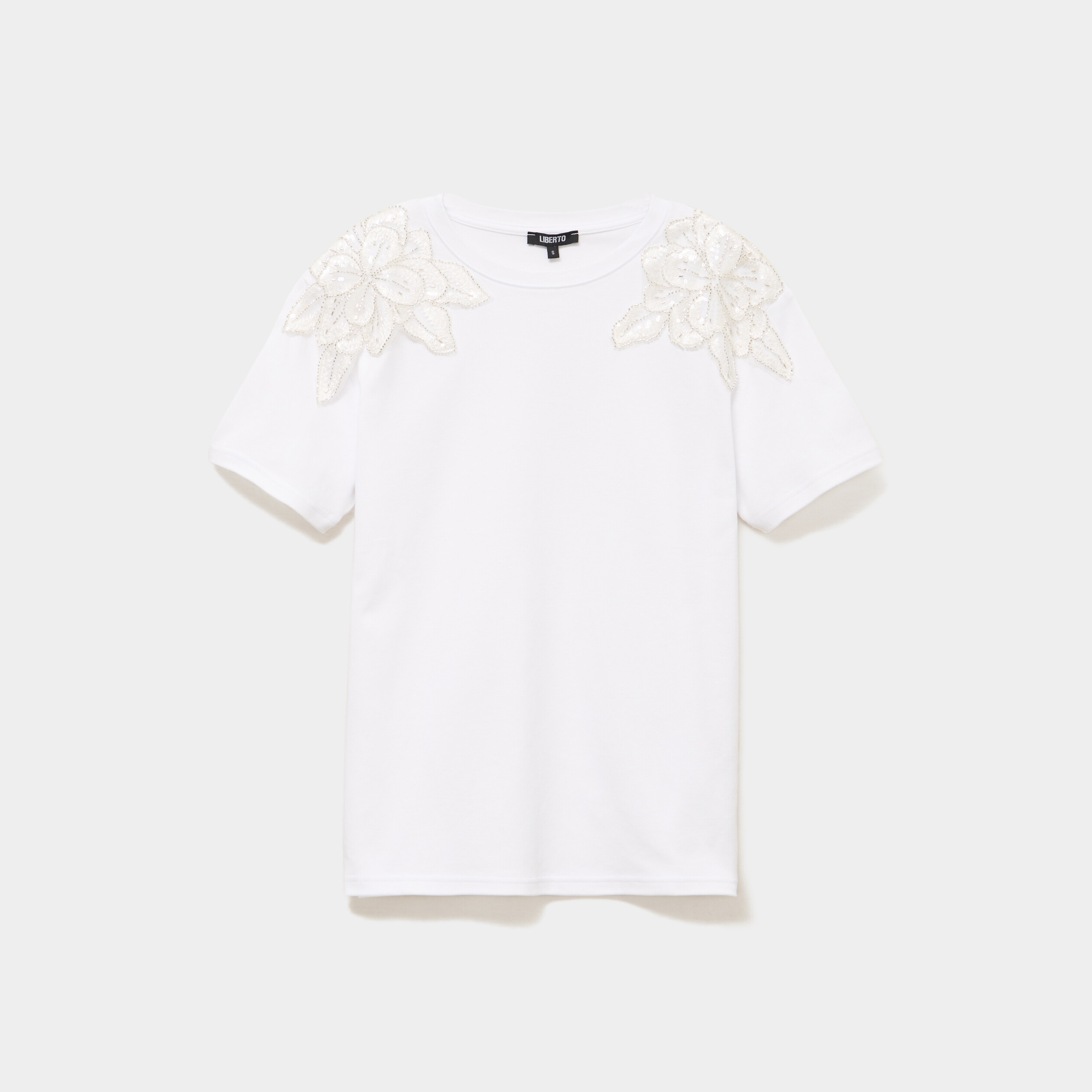 T-shirt &eacute;paules d&eacute;tails perles blanc femme