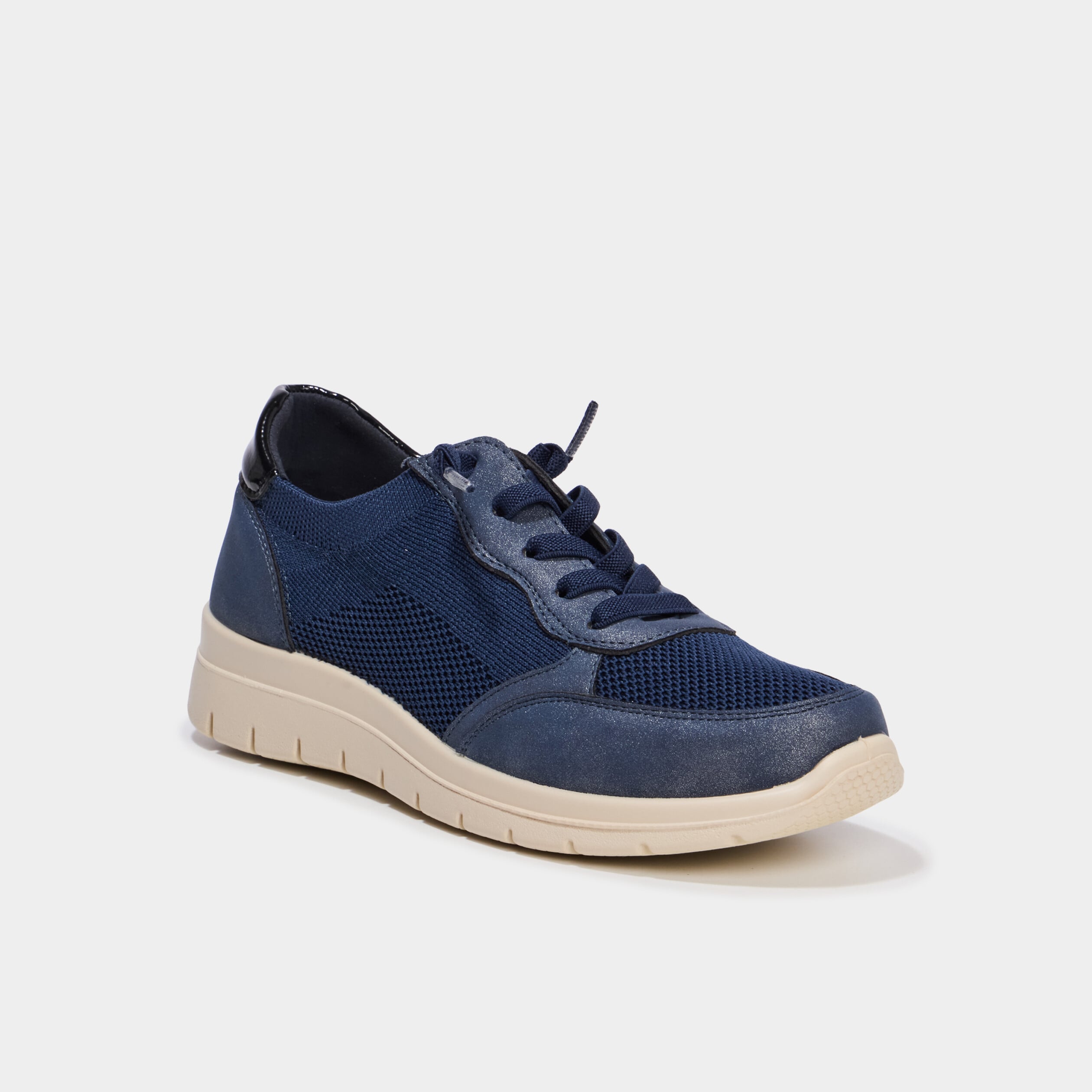 Tennis basses &agrave; lacets pied large bleu marine femme