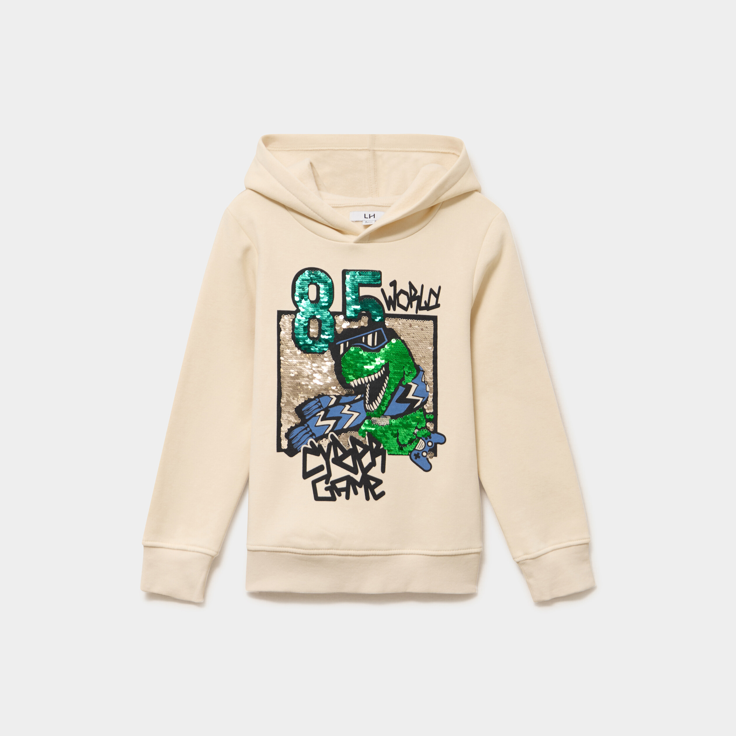 Sweat hoodie capuche sequins r&eacute;versibles ecru gar&ccedil;on