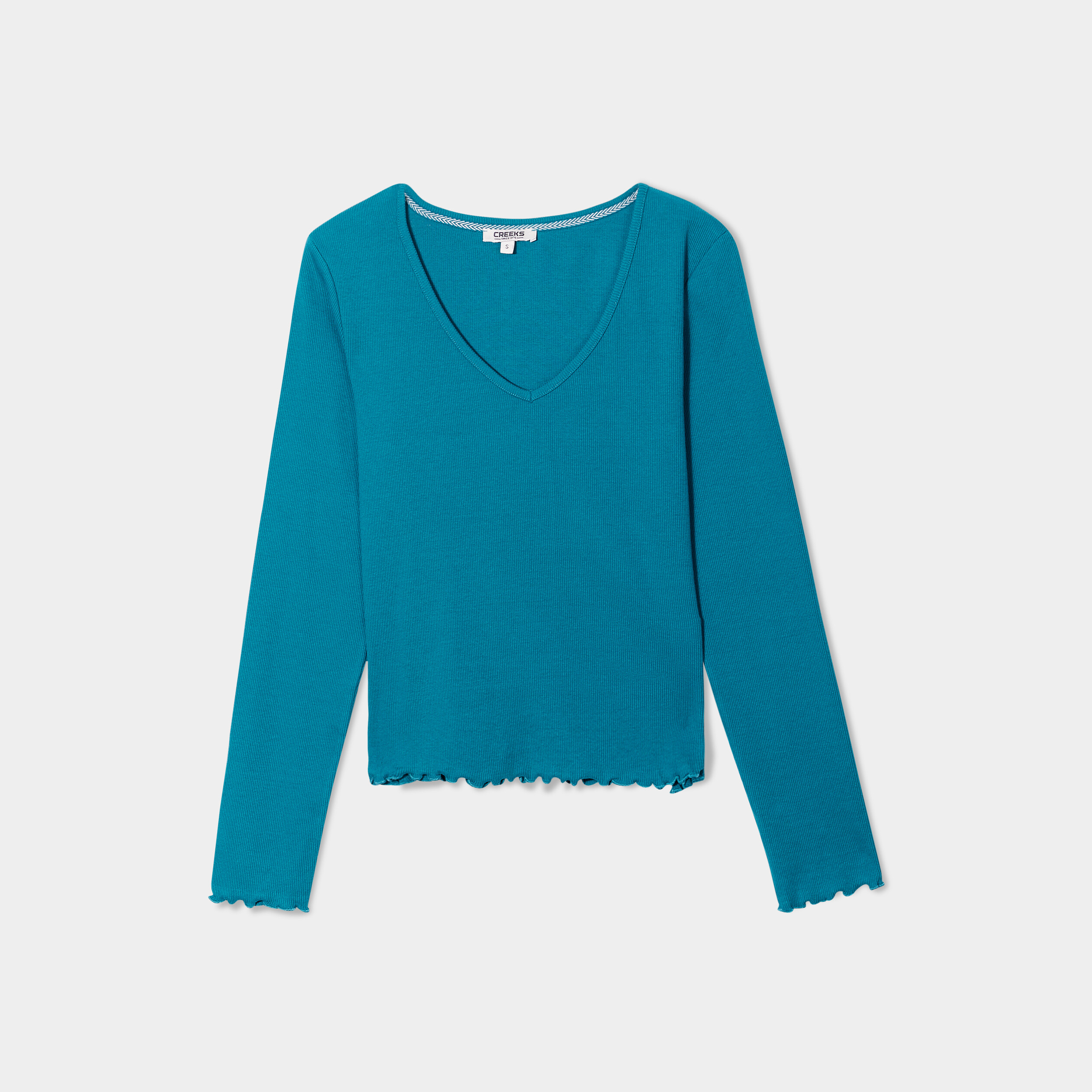 t shirt cotele col en v manches longues vert emeraude femme T-shirt côtelé col en V manches longues vert émeraude femme