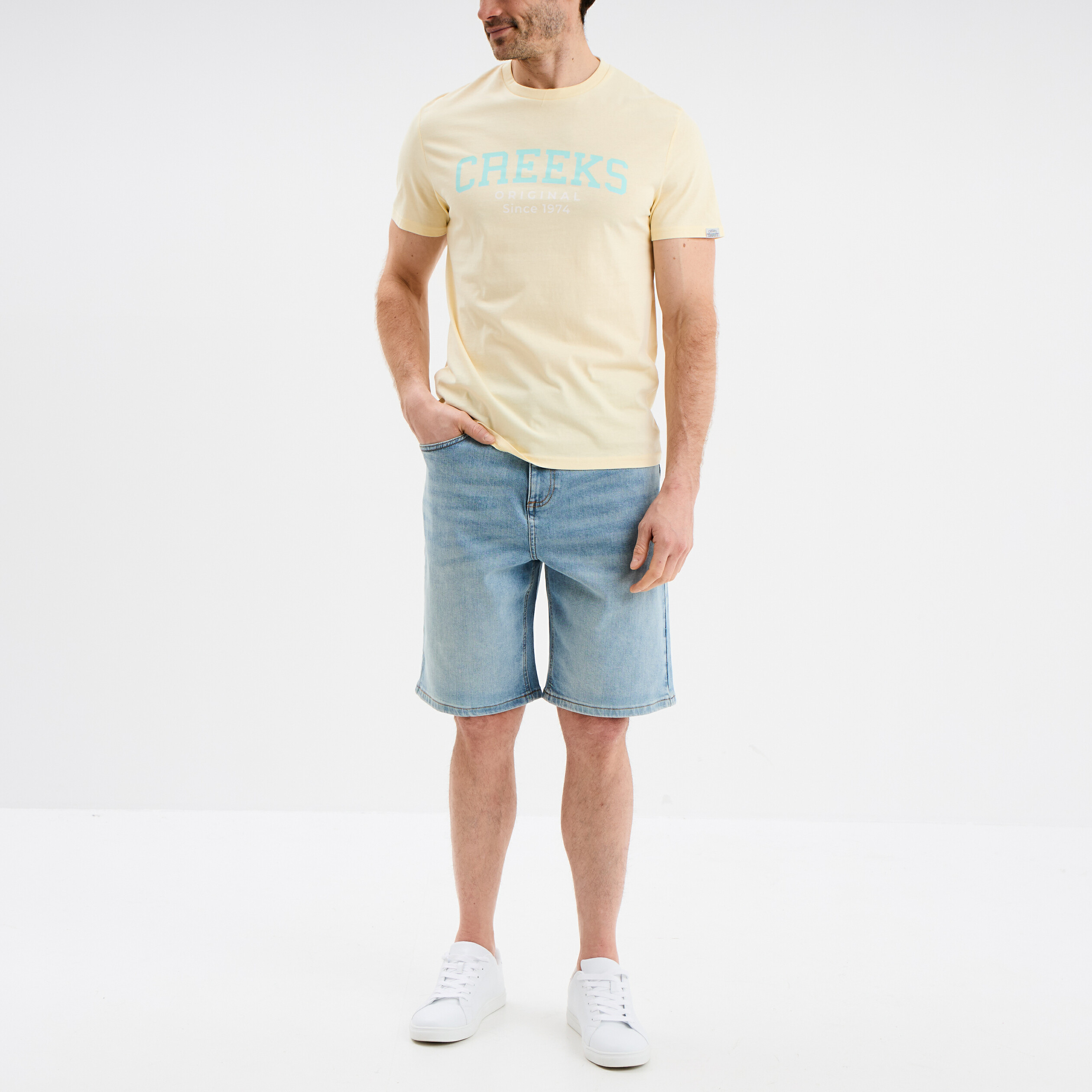 bermuda en jean droit coton denim triple stone homme Bermuda en jean droit coton denim triple stone homme