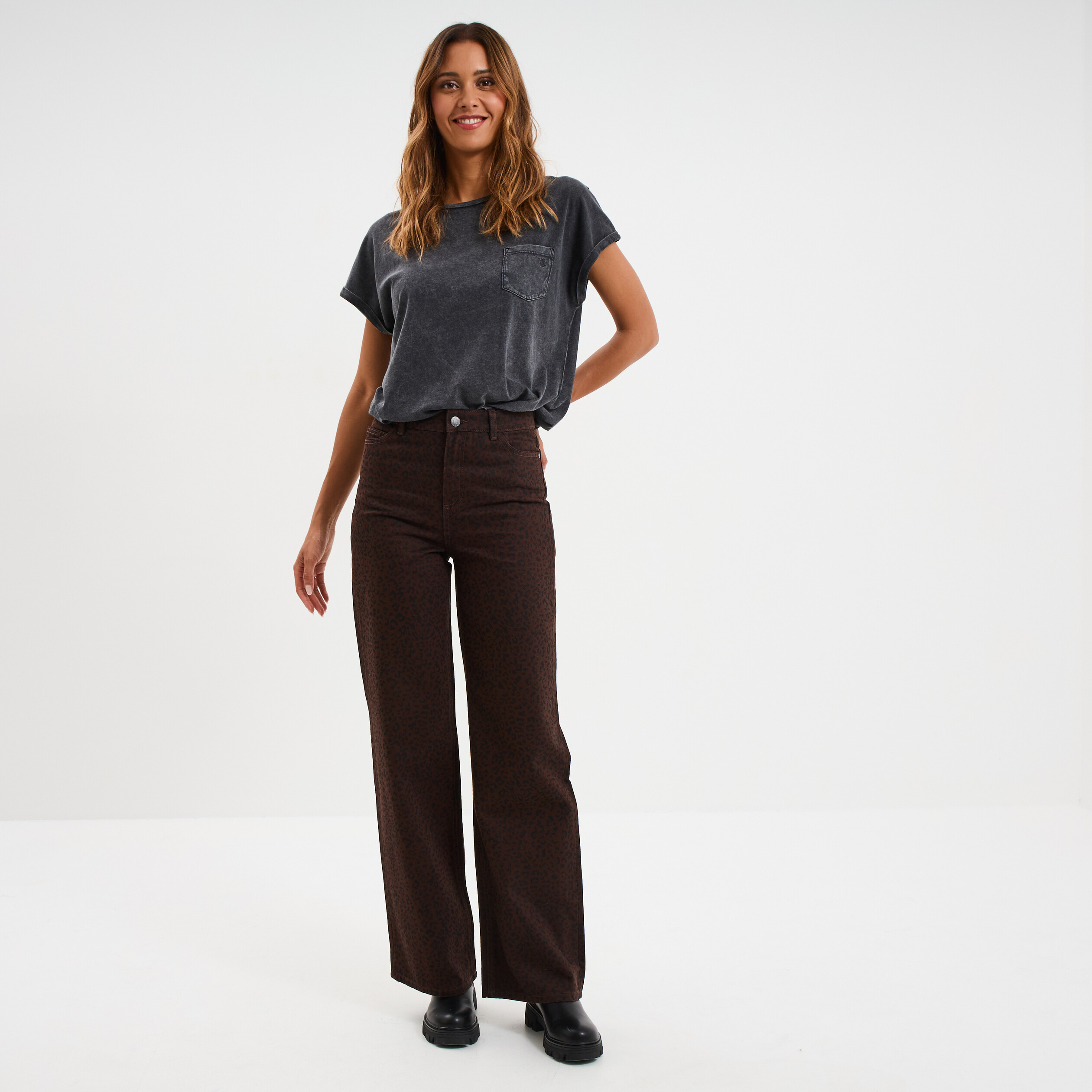 jean large taille haute coton marron fonce femme Jean large taille haute coton marron foncé femme
