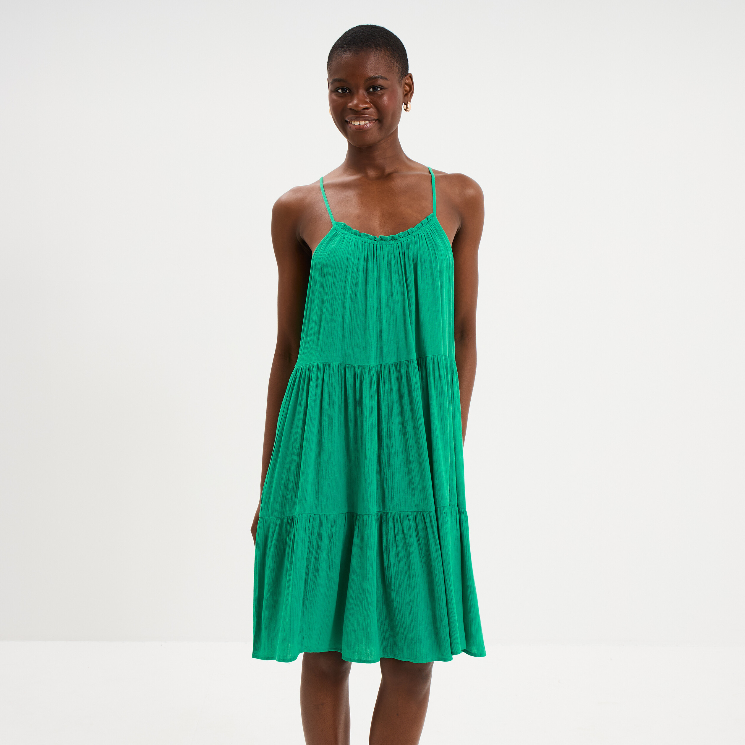 Robe fluide &agrave; volants fines bretelles vert canard femme