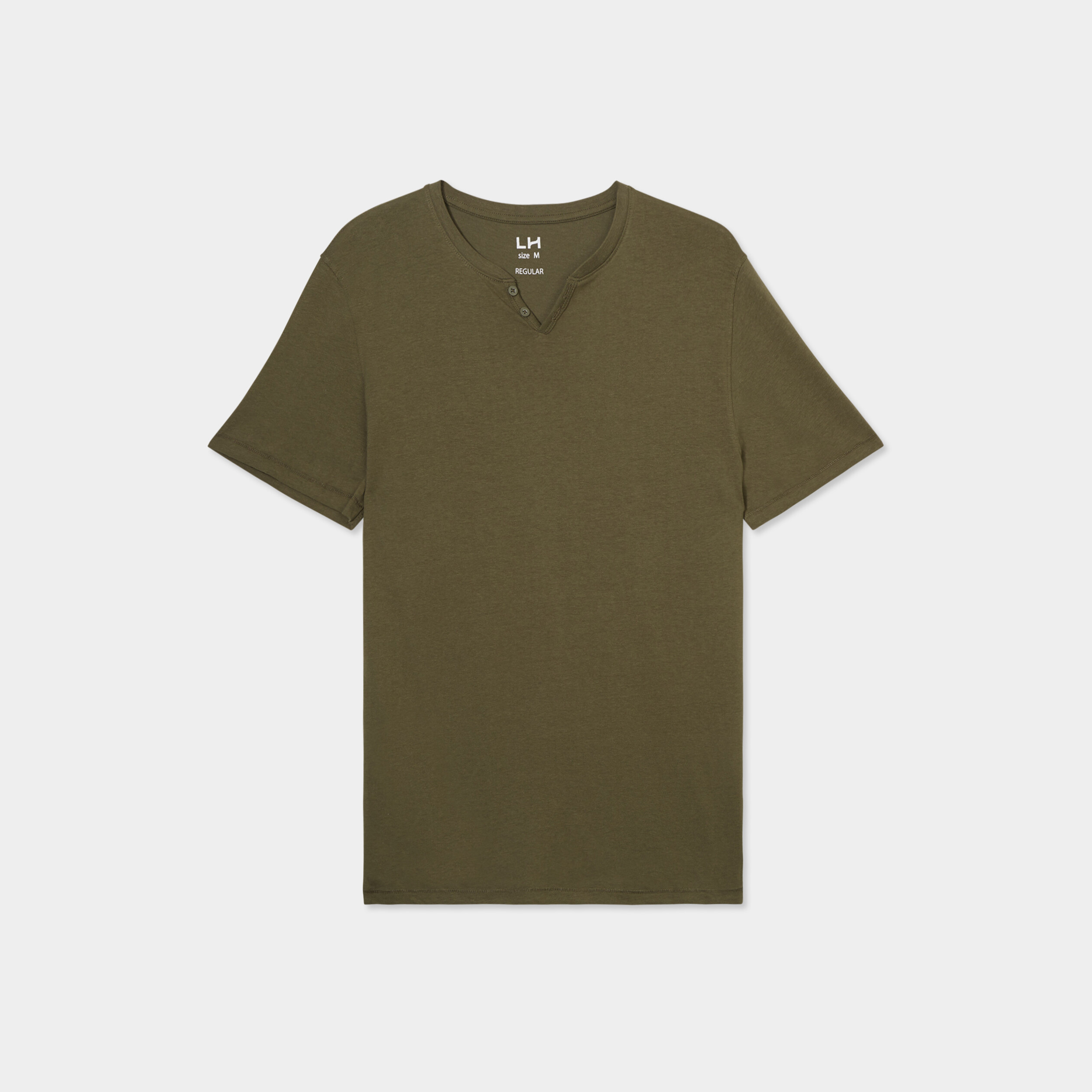 T-shirt manches courtes col tunisien vert kaki homme