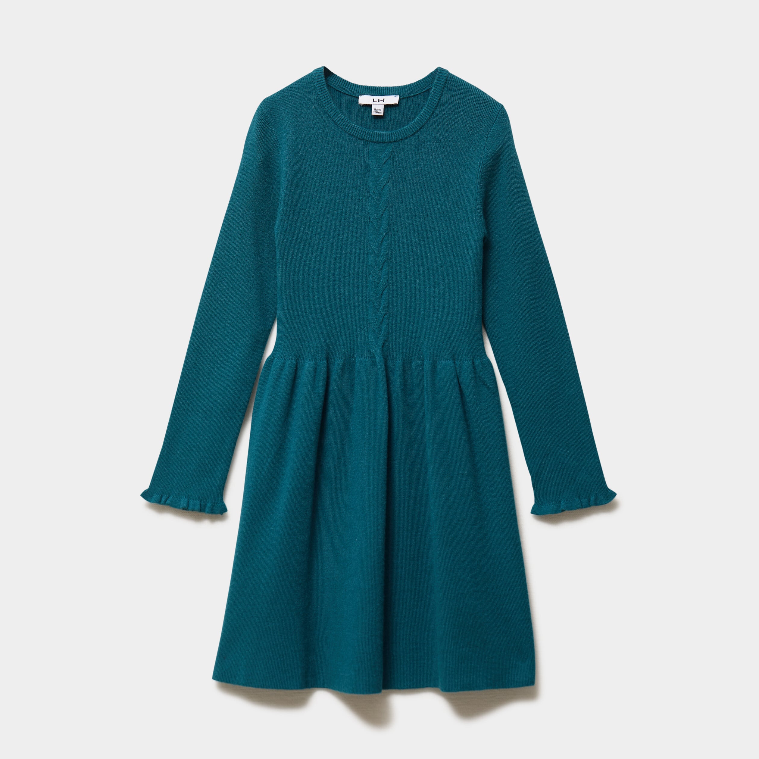 Robe tricot &eacute;vas&eacute;e manches longues vert fonc&eacute; fille