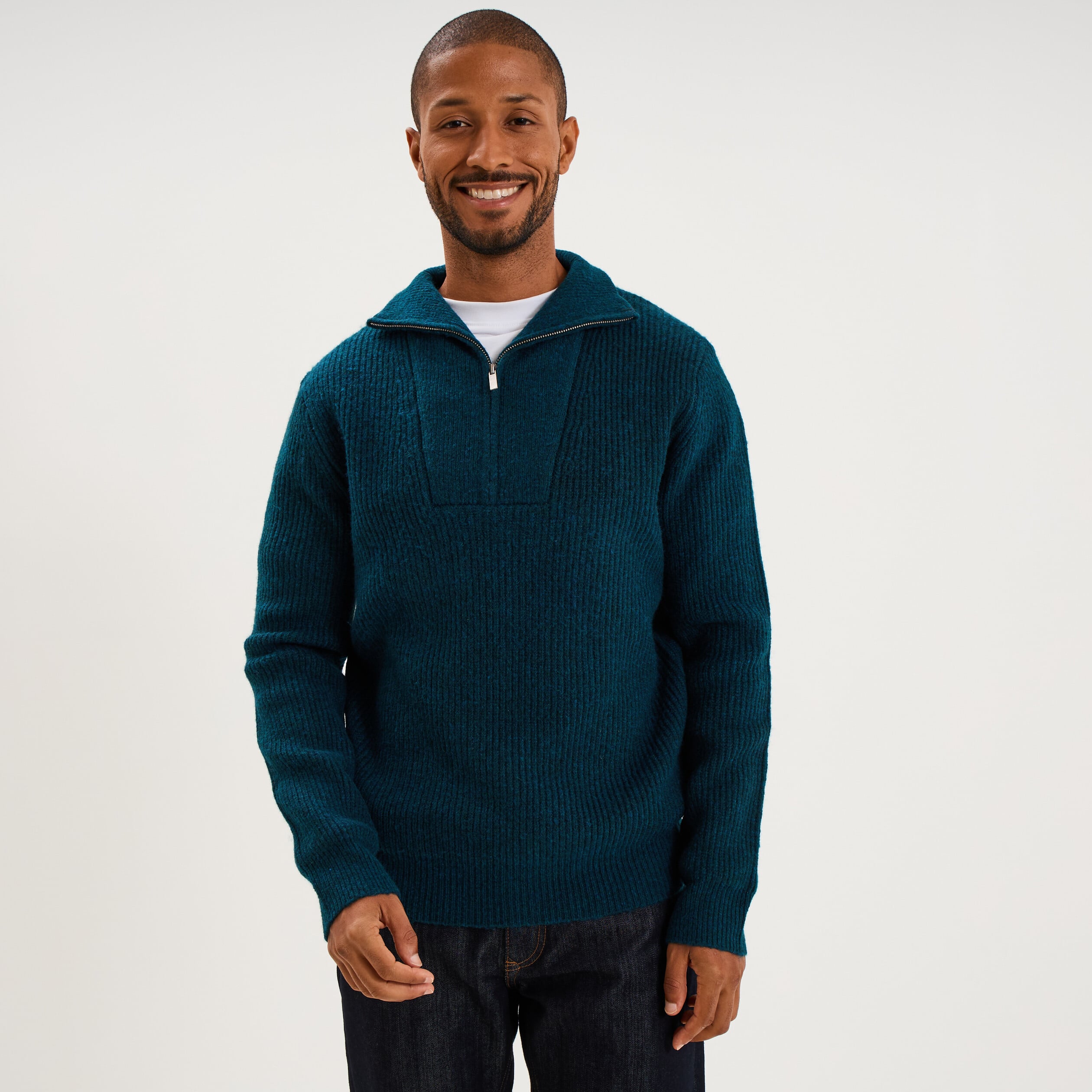 Pull avec col camionneur c&ocirc;tel&eacute; bleu canard homme