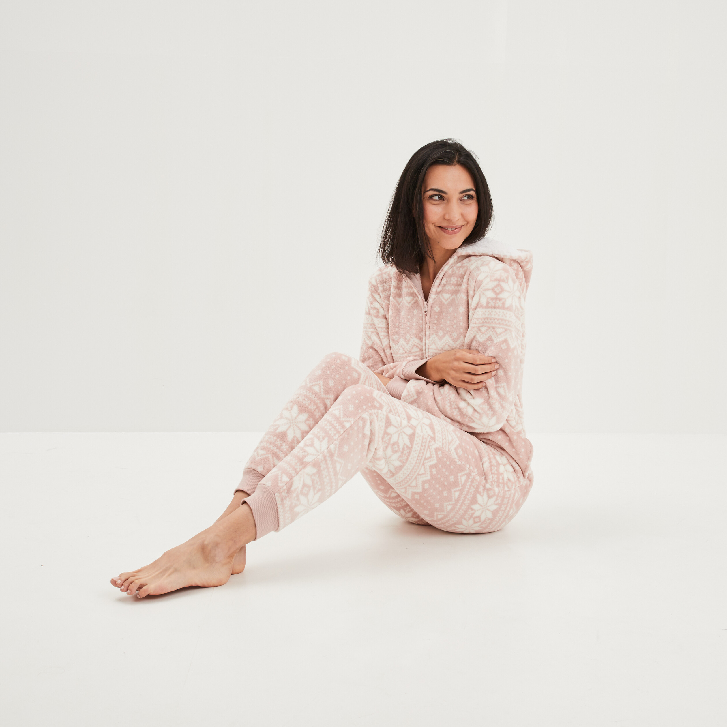 Combinaison pyjama pilou à capuche rose femme