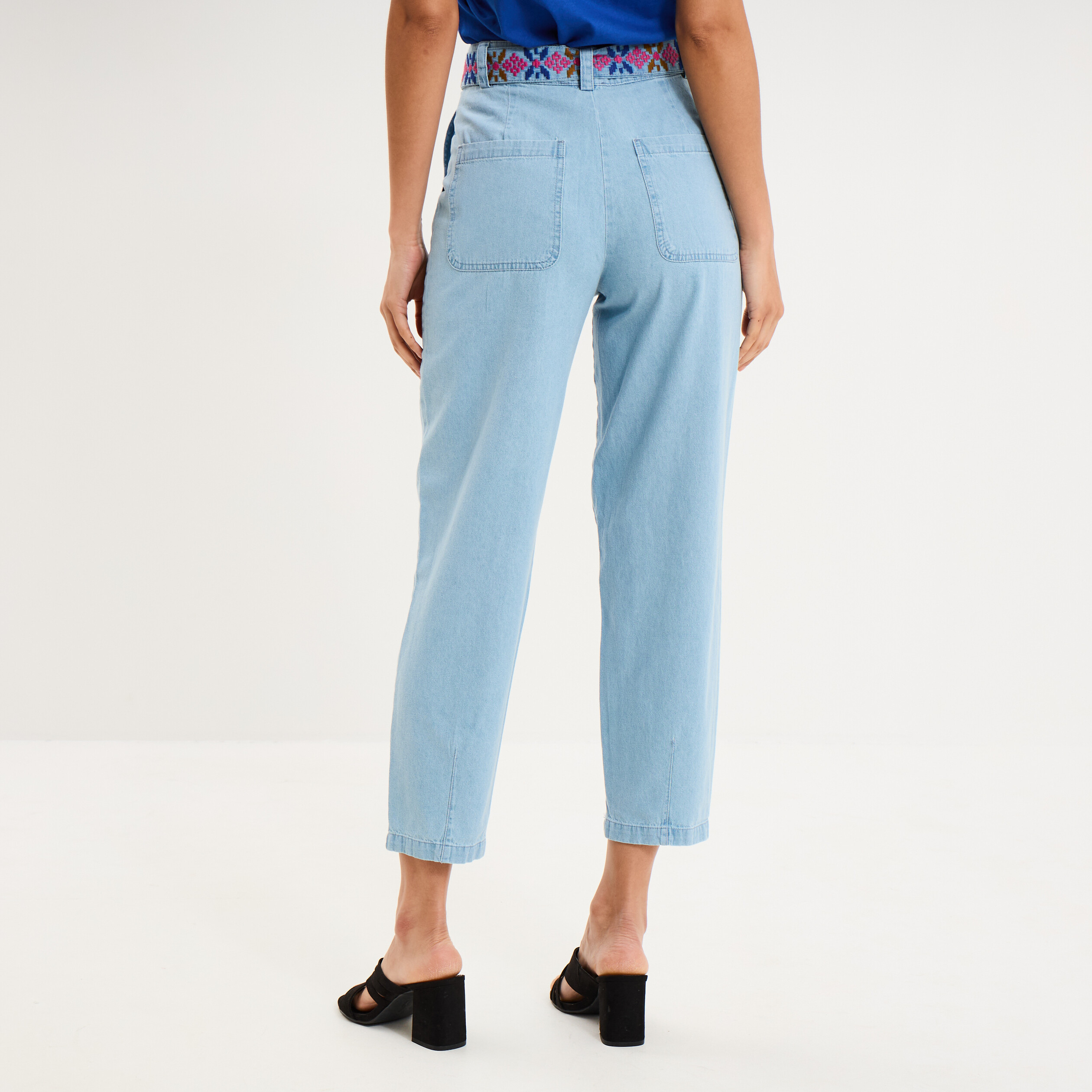 Jean mom cropped taille haute &agrave; ceinture denim triple stone femme