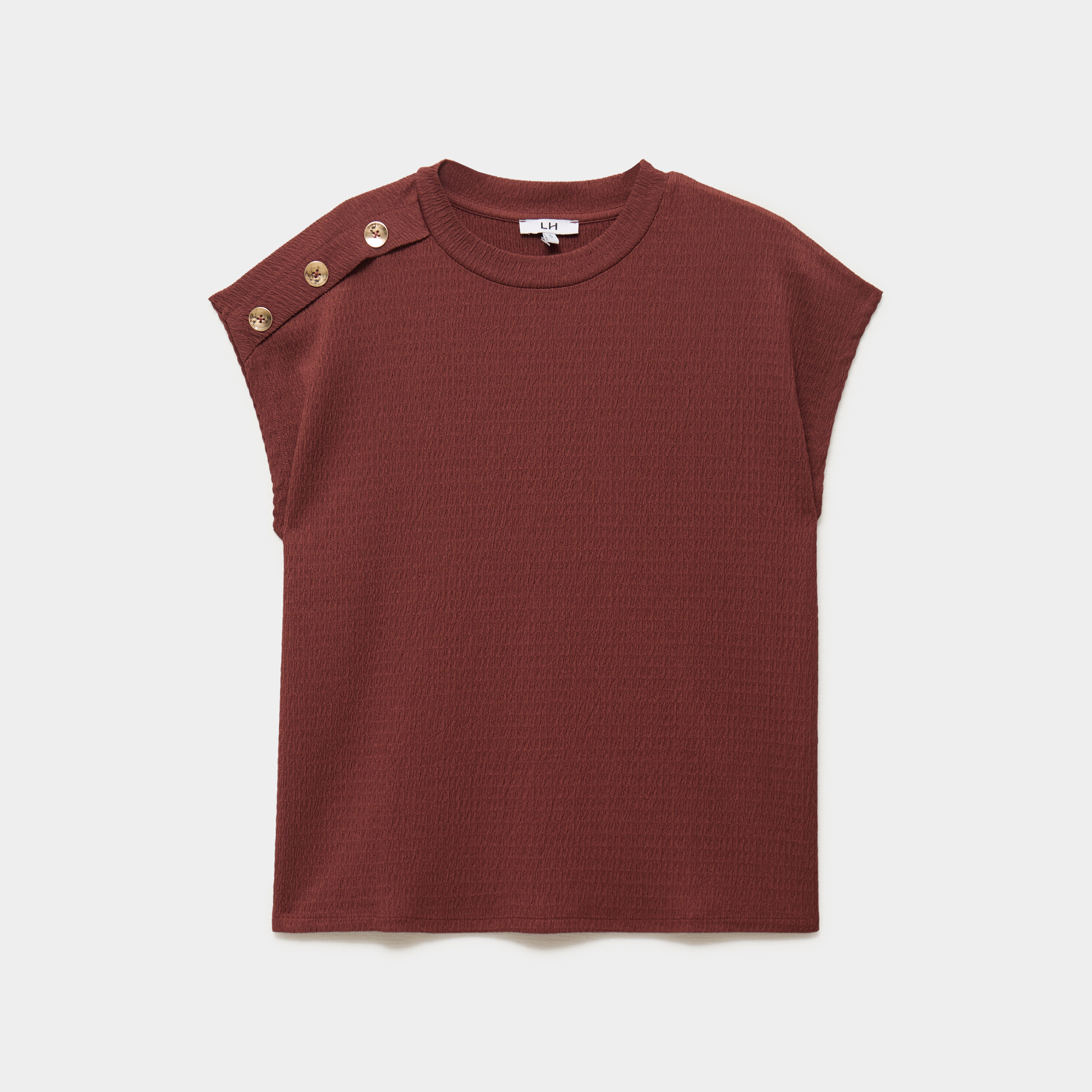 T-shirt gaufr&eacute; col rond avec boutons bordeaux femme