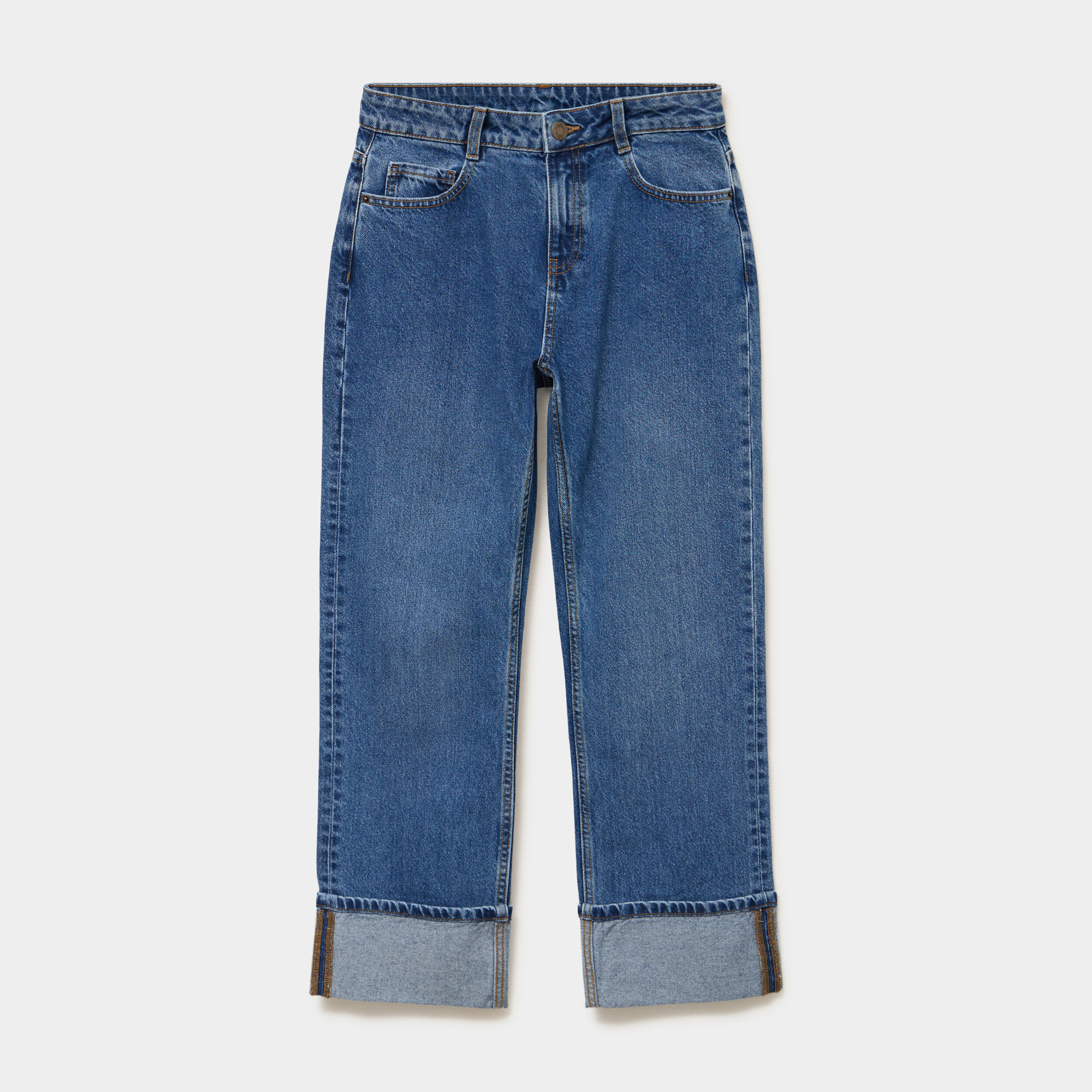 Jean droit cropped bas revers denim stone femme