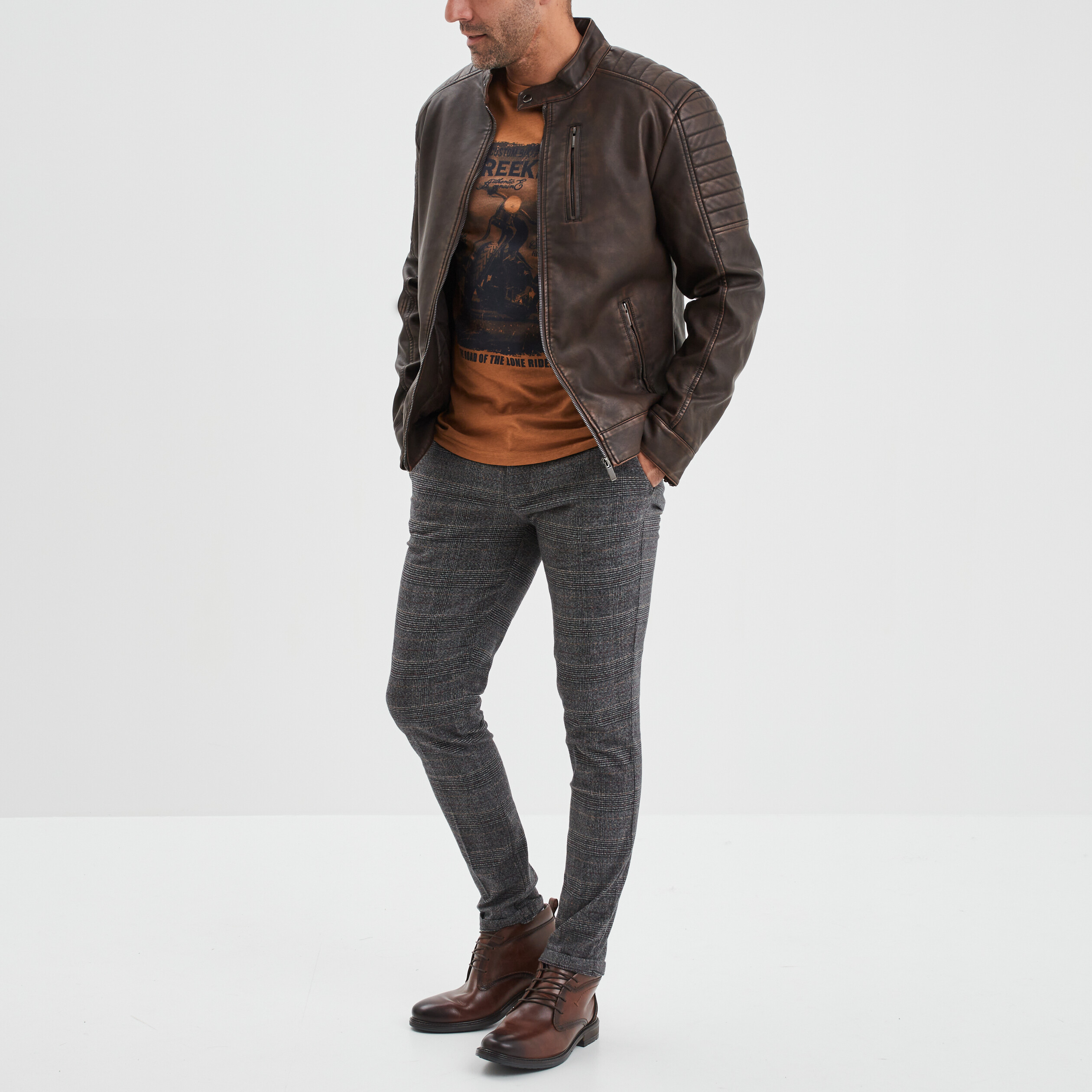 blouson double droit biker a col montant marron homme Blouson doublé droit biker à col montant marron homme