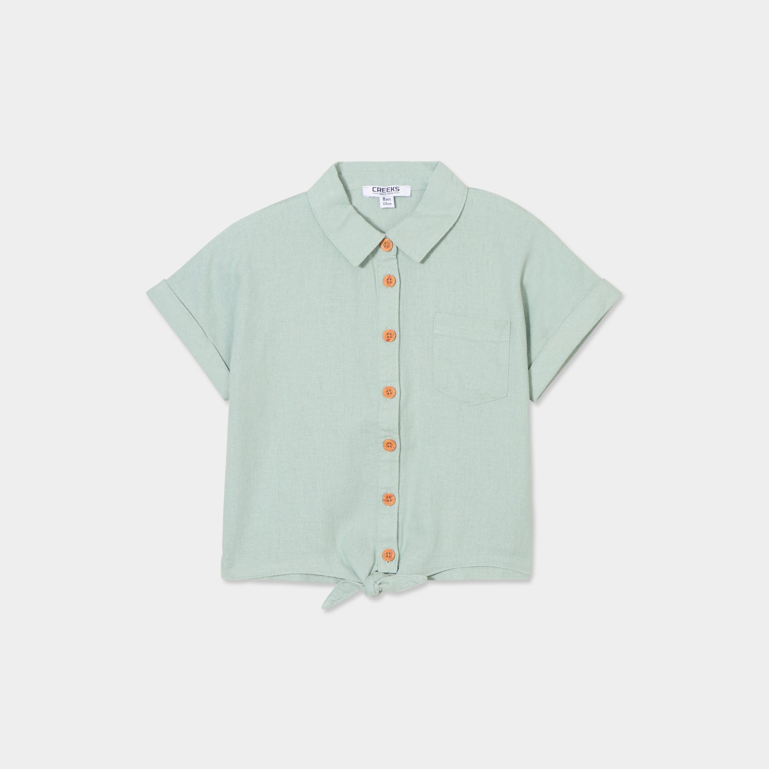 chemise nouee manches courtes en lin vert pastel fille Chemise nouée manches courtes en lin vert pastel fille