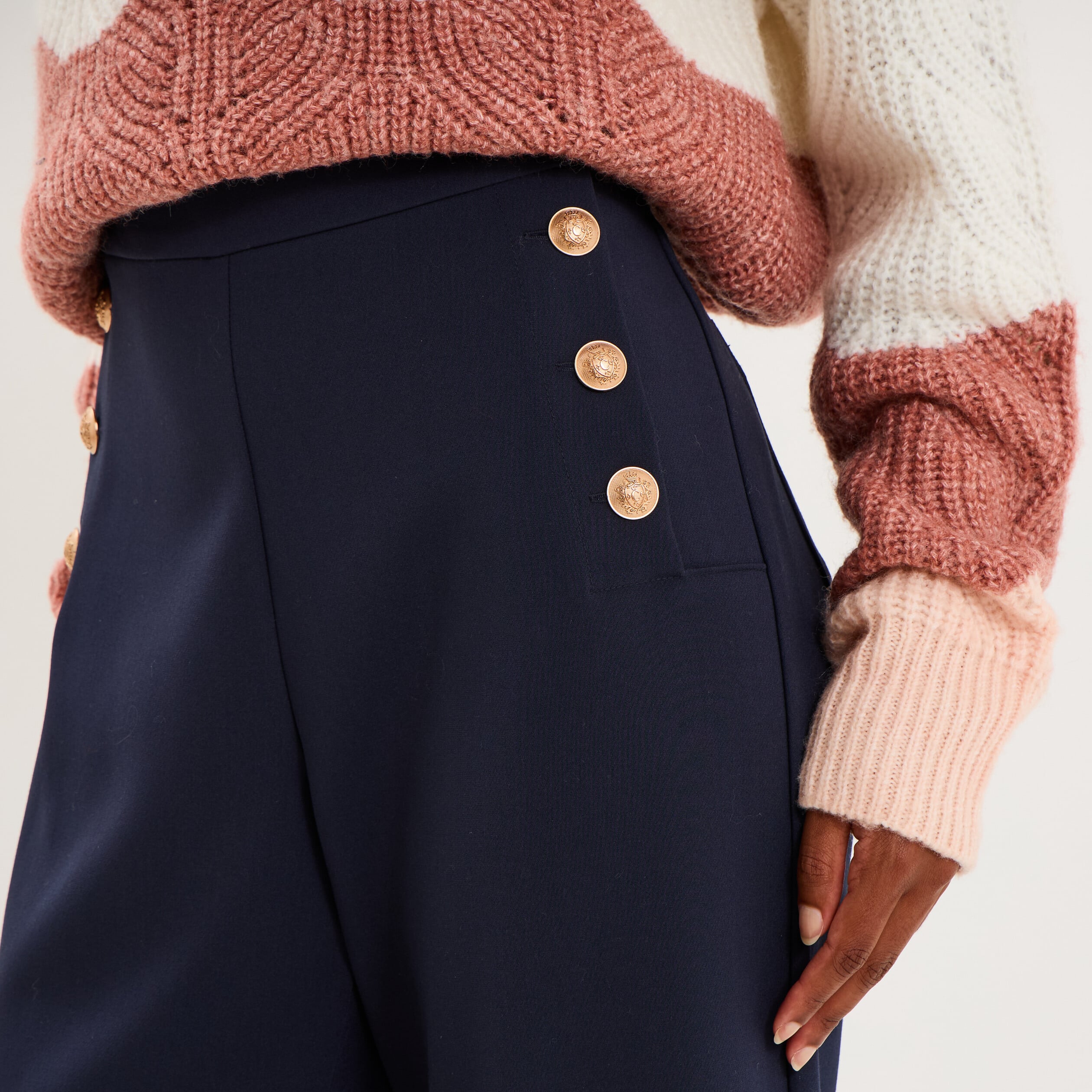 Pantalon wide leg &agrave; pont boutonn&eacute; bleu fonc&eacute; femme