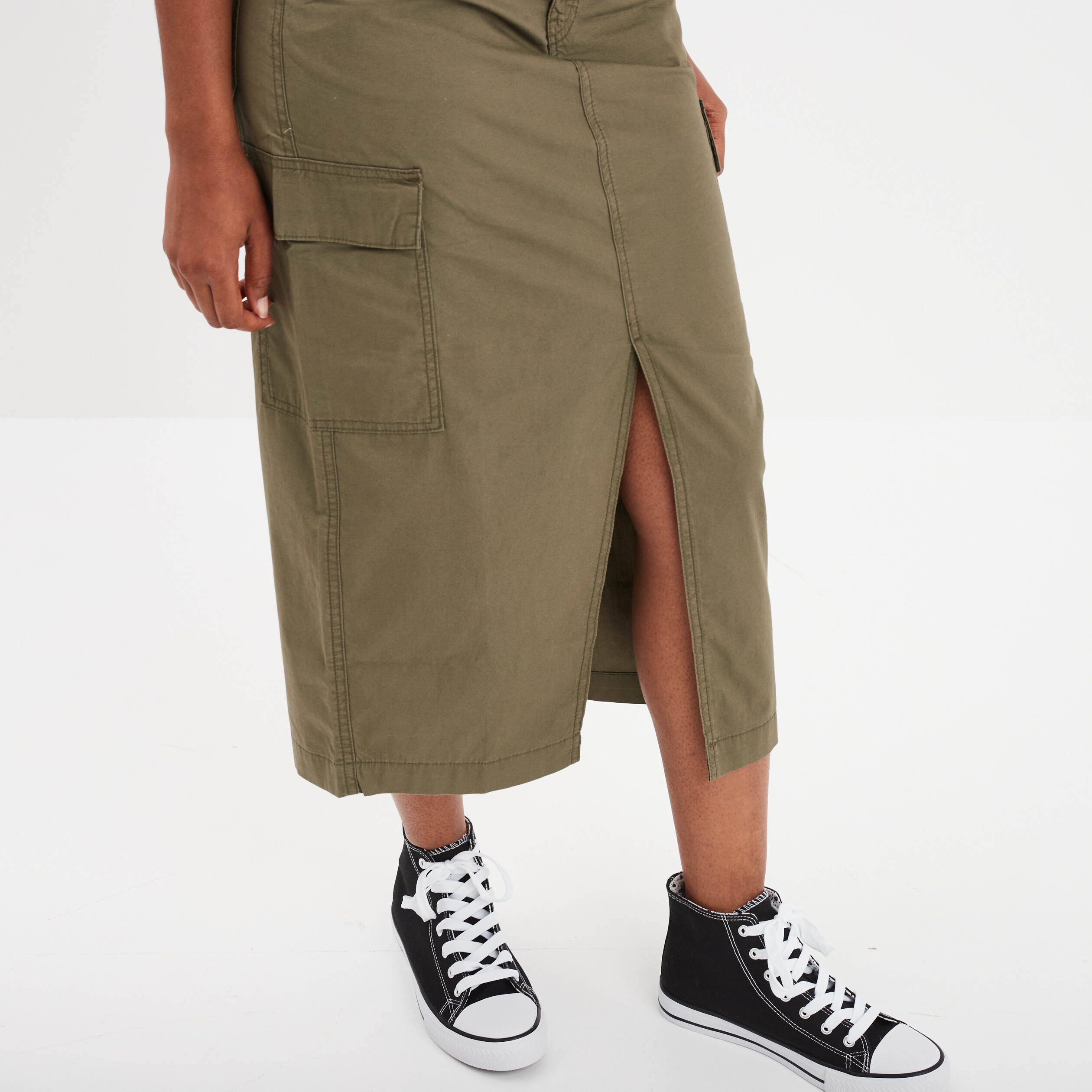Jupe longue cargo coton vert kaki femme