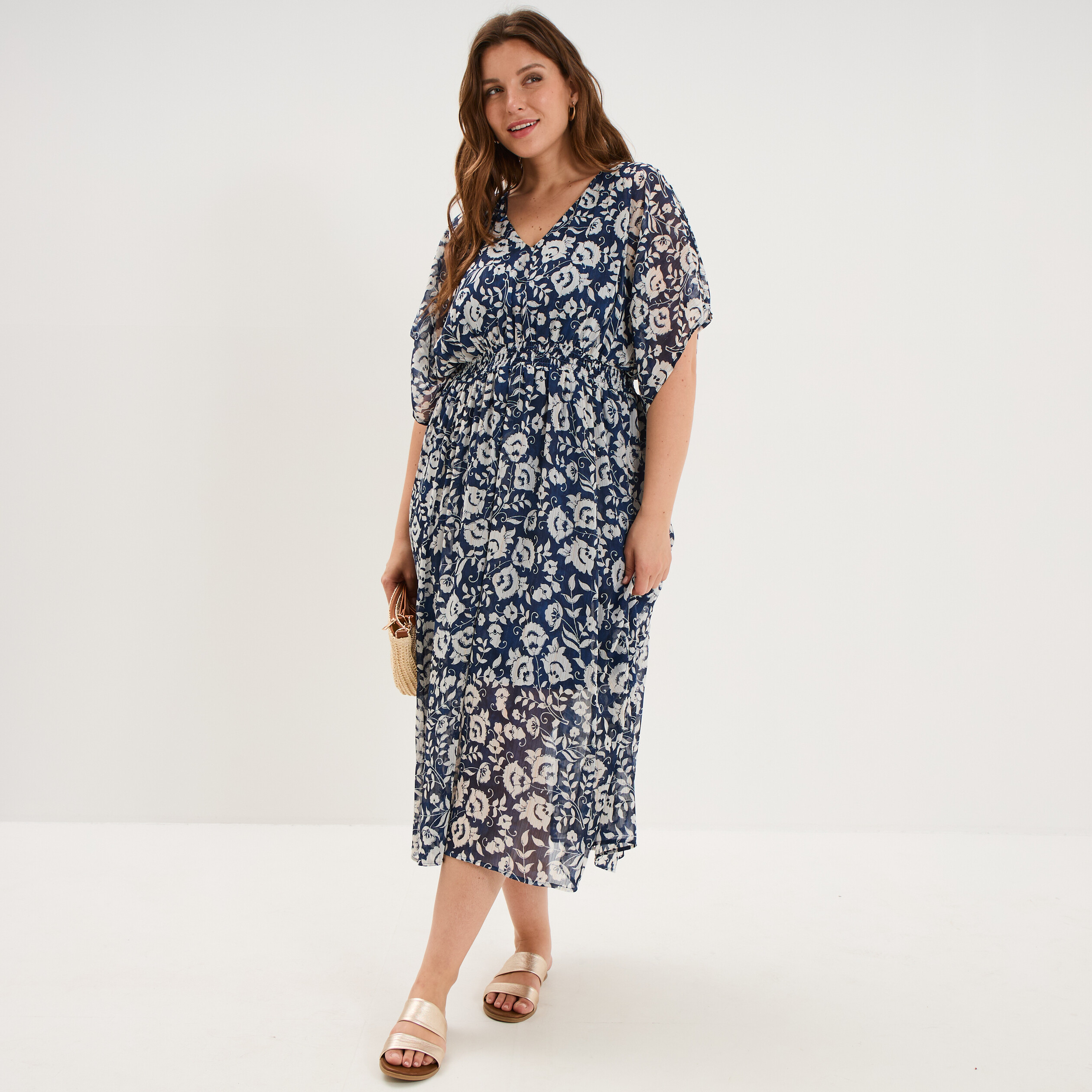 Robe longue taille smock&eacute;e bleu marine femme grande taille