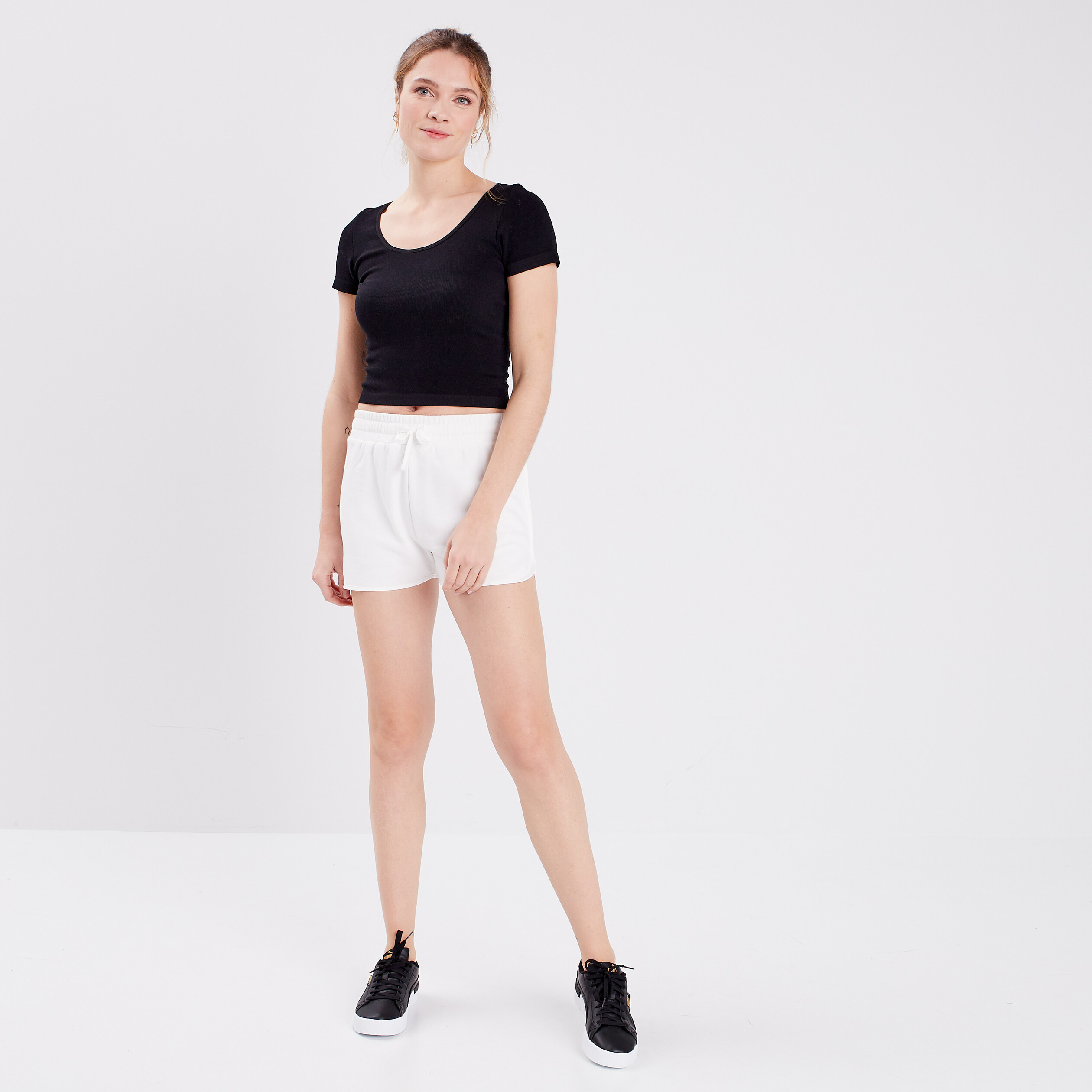Jogging-Short droit taille élastiquée blanc femme