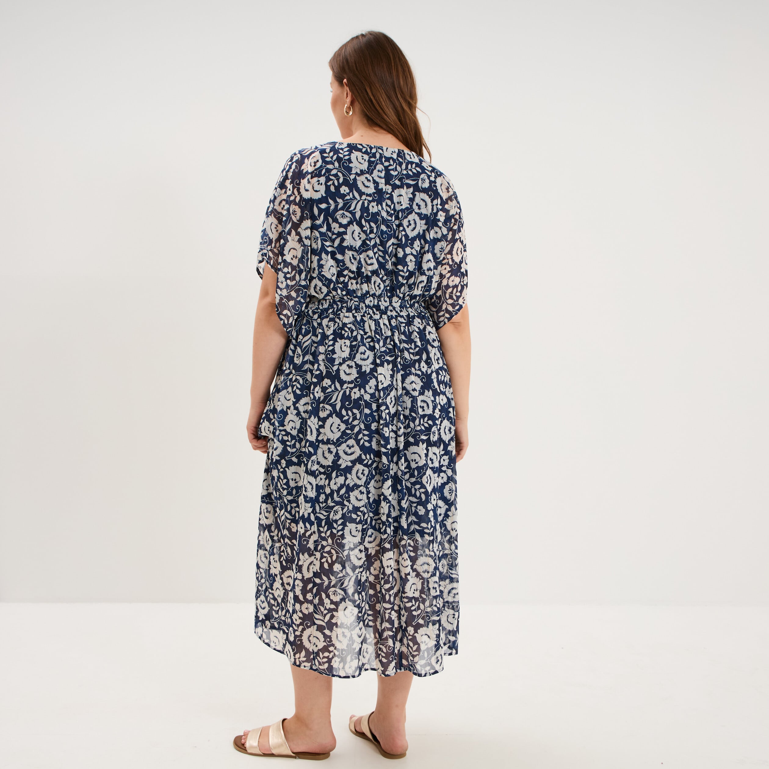 Robe longue taille smock&eacute;e bleu marine femme grande taille