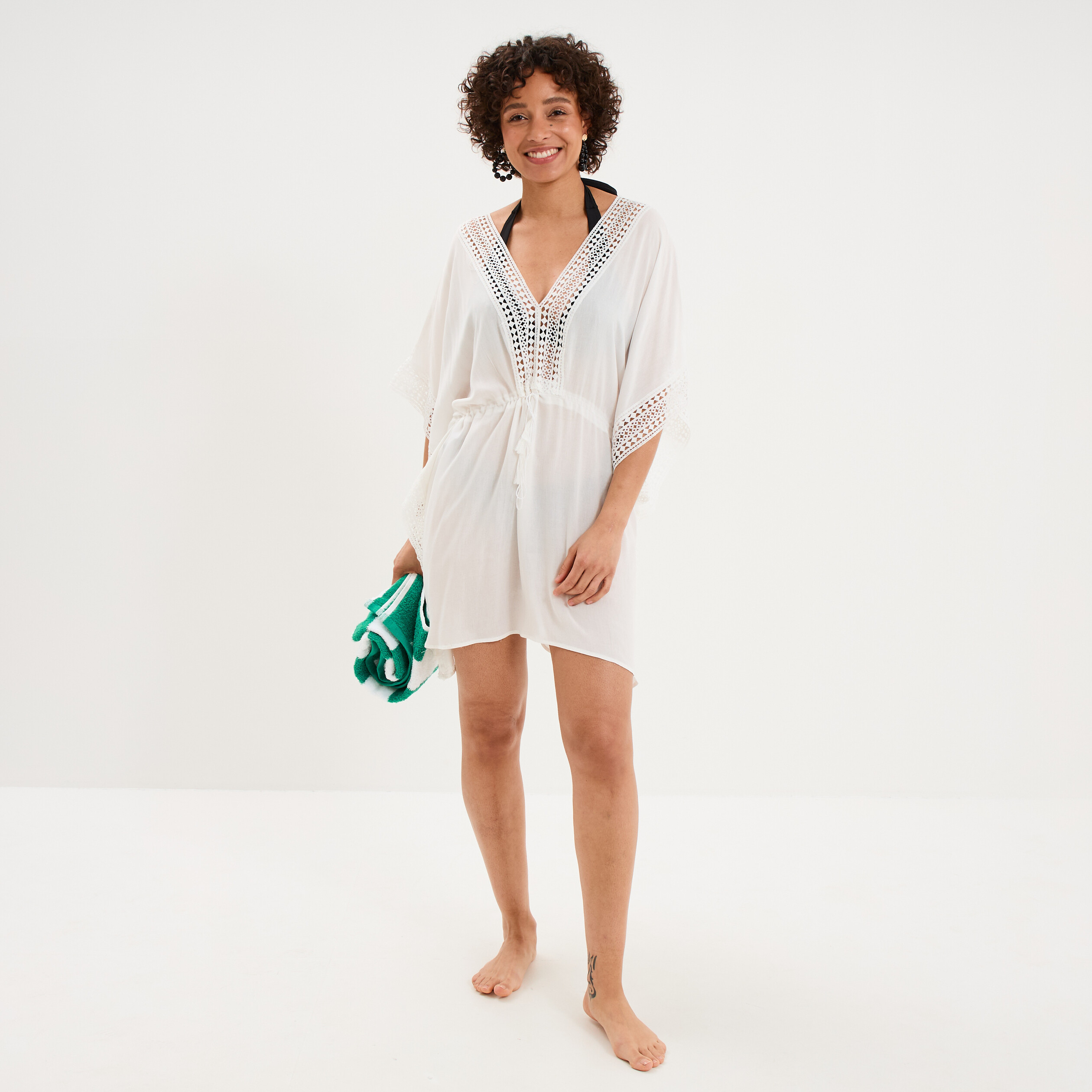 Robe de plage d&eacute;tails macram&eacute; ivoire femme