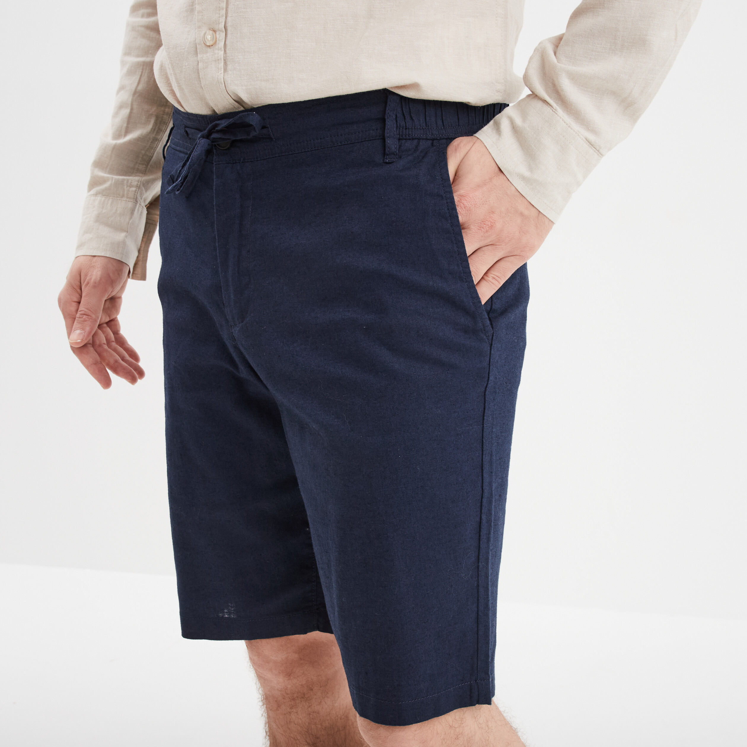 bermuda chino a coulisse lin melange bleu marine homme Bermuda chino à coulisse lin mélangé bleu marine homme