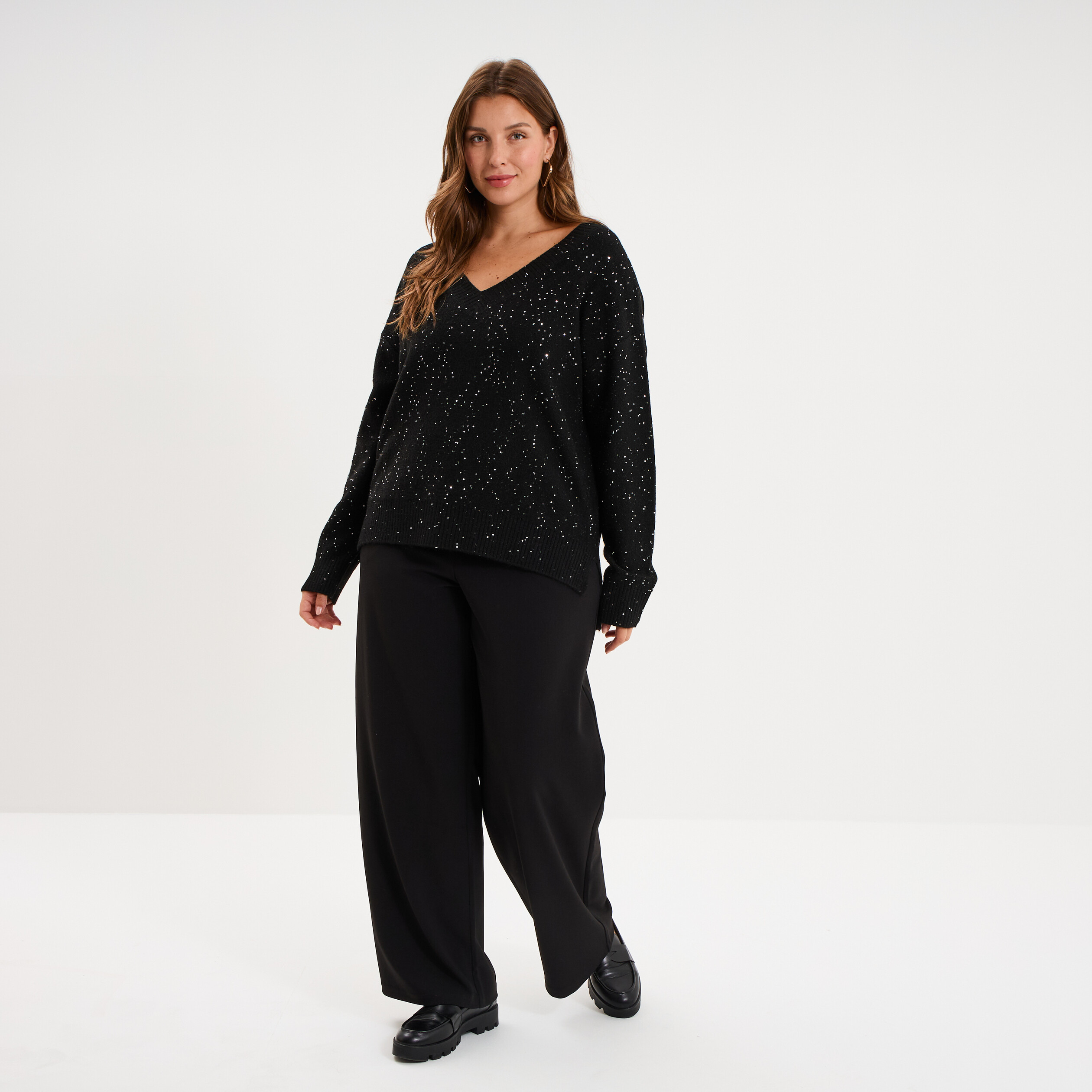 Pantalon effet cr&ecirc;pe long coupe large noir femme grande taille