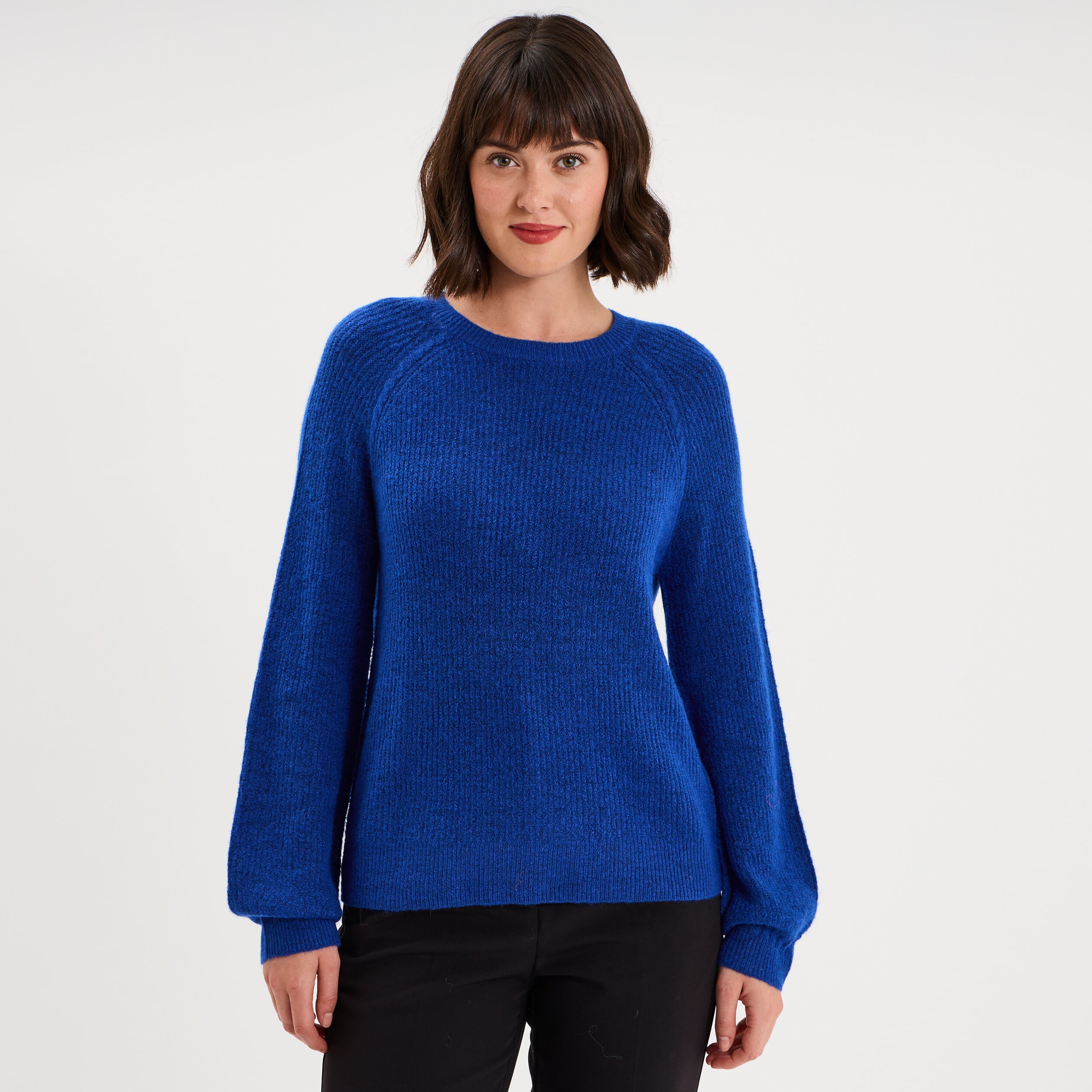 Pull col rond manches longues bleu roi femme