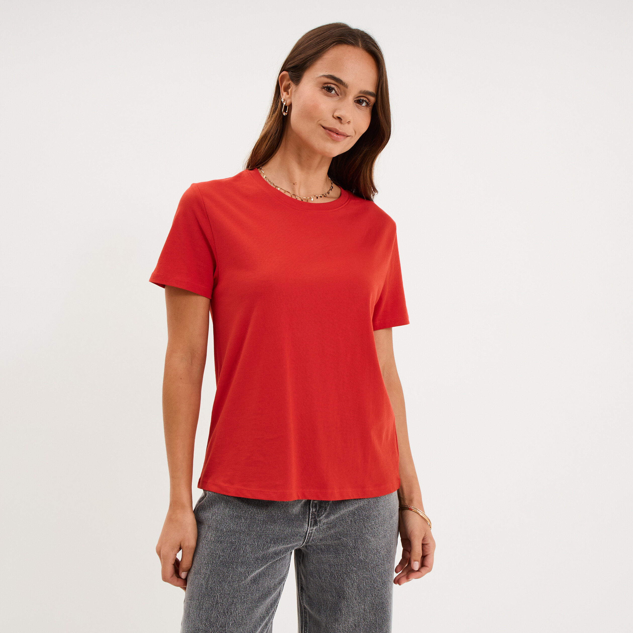 T-shirt col rond manches courtes coton rouge femme