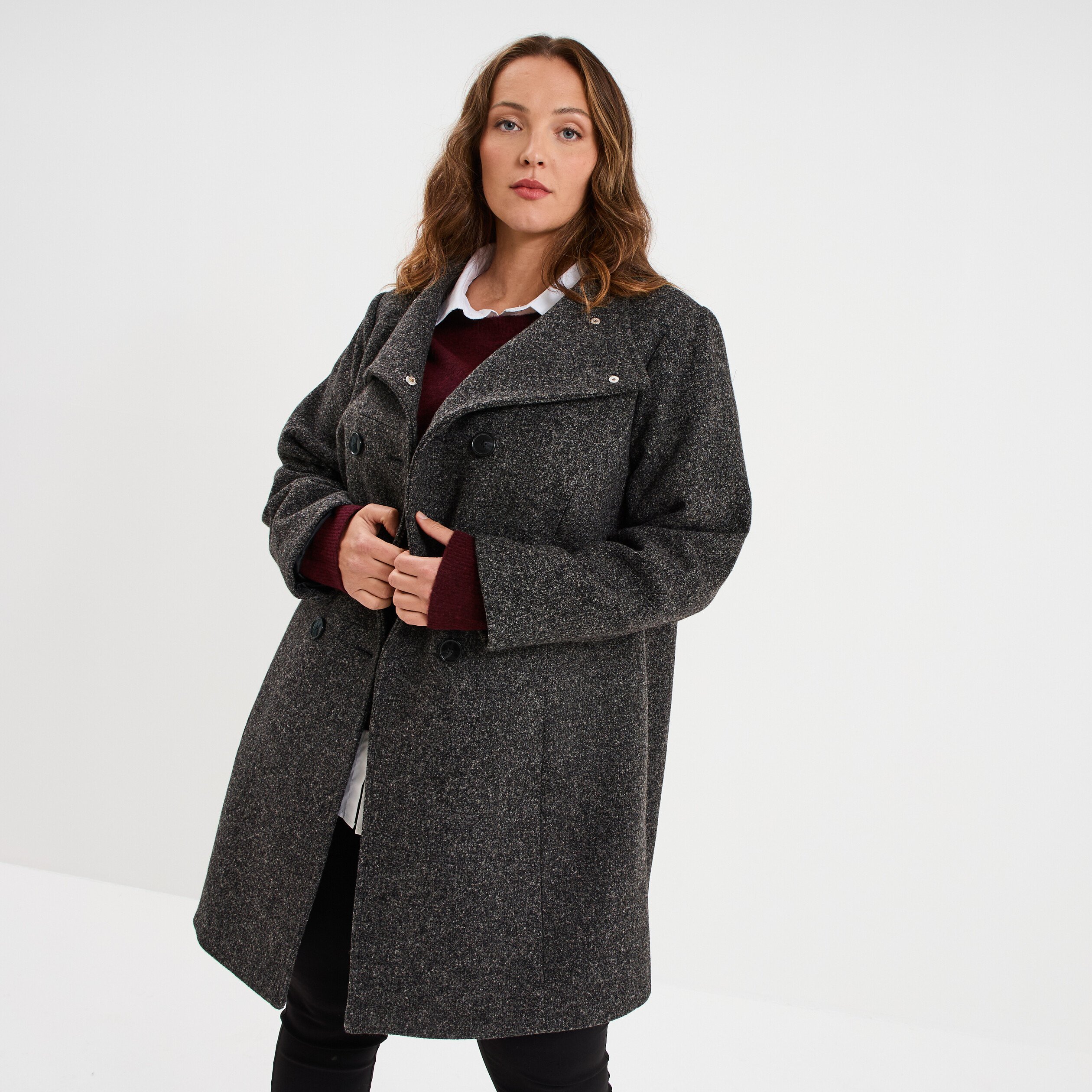 Manteau mi-long boutonné gris foncé femme grande taille La Halle