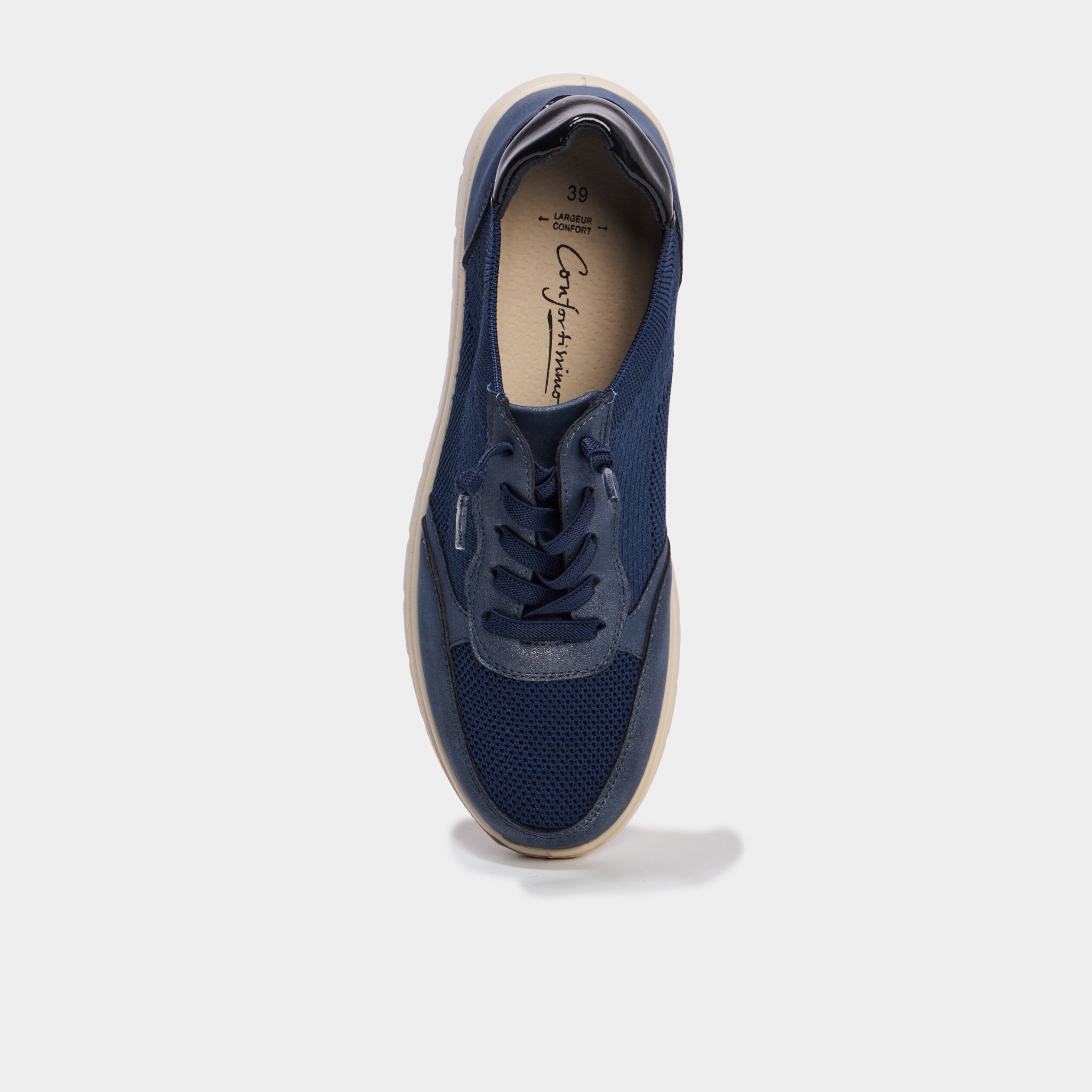 Tennis basses &agrave; lacets pied large bleu marine femme