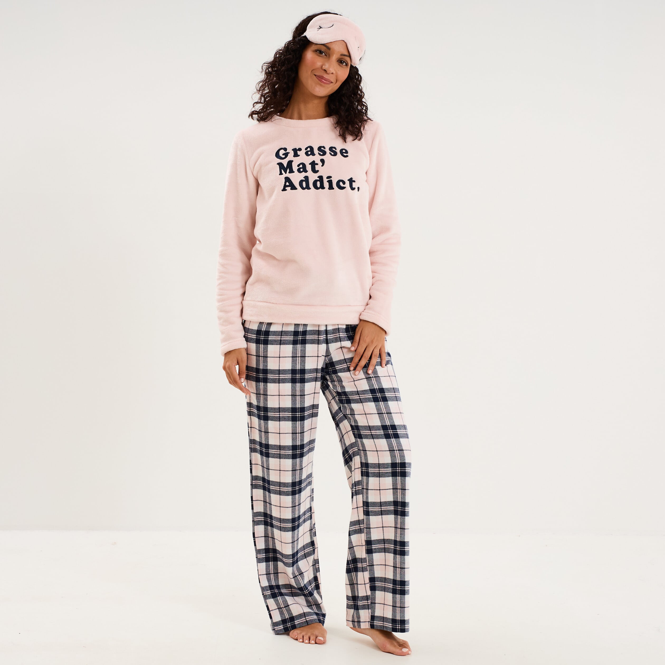 Ensemble pyjama effet polaire 3 pi&egrave;ces rose clair femme