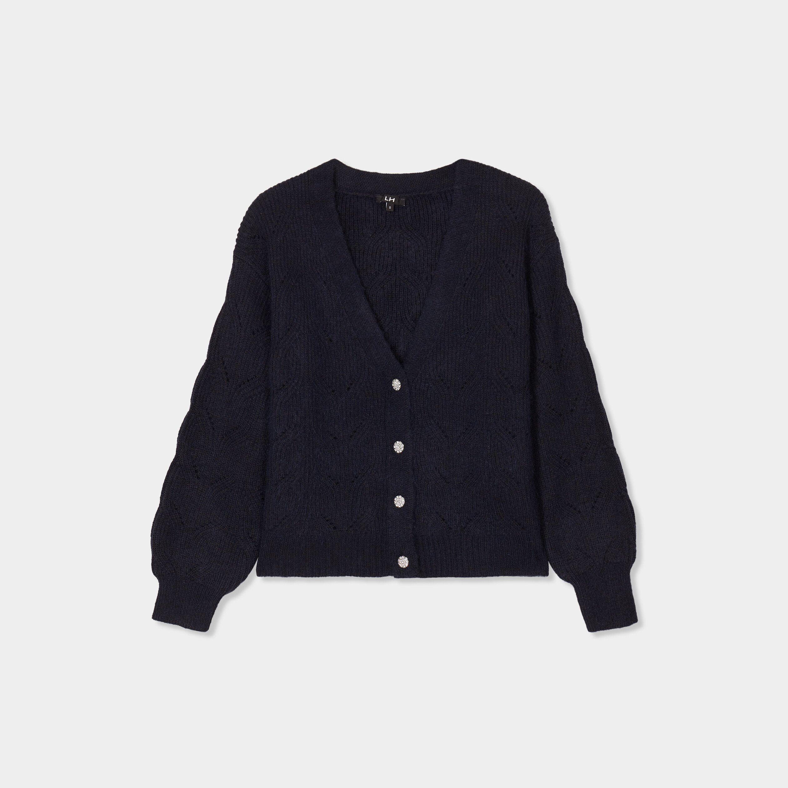 gilet col en v boutonne manches longues bleu fonce femme Gilet col en V boutonné manches longues bleu foncé femme
