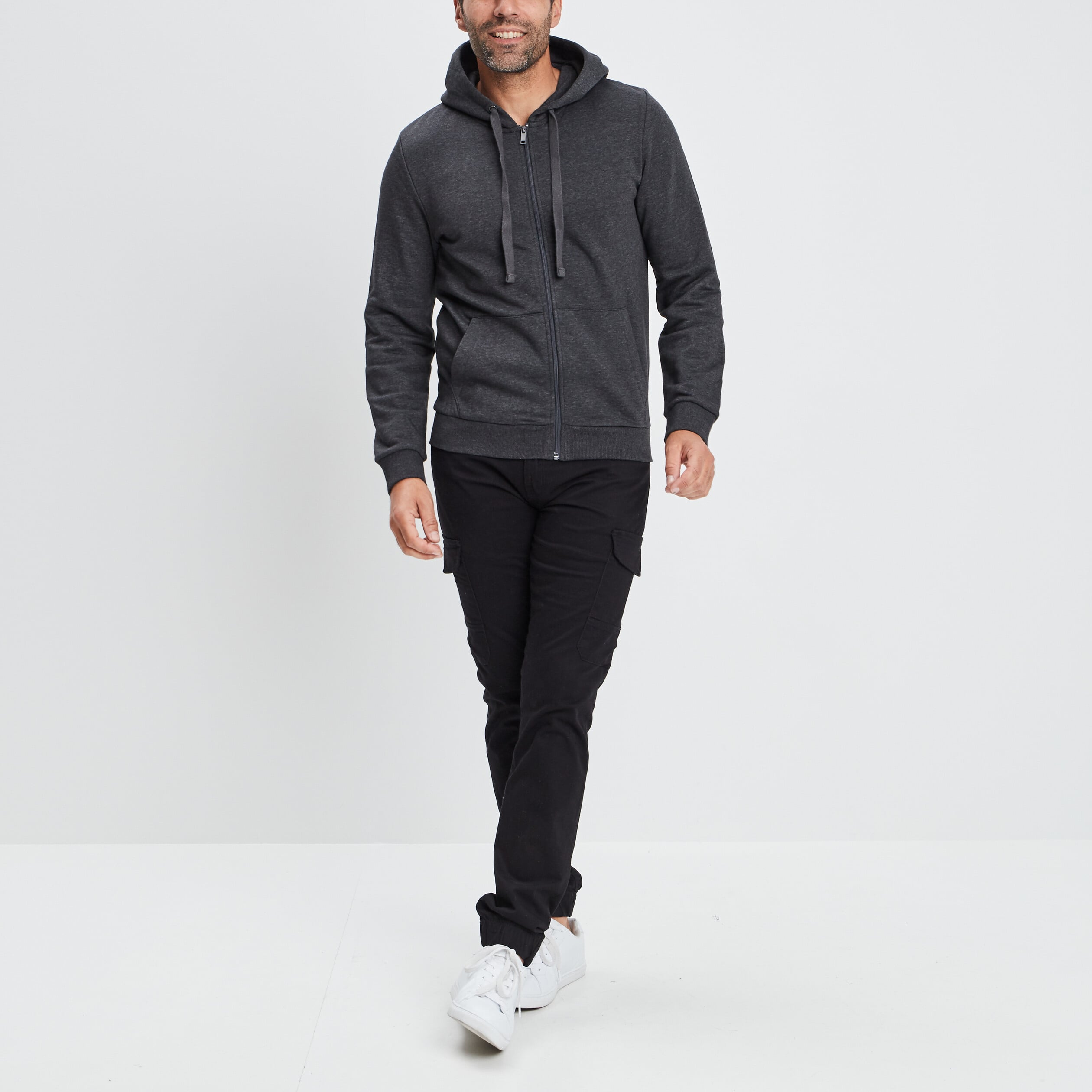 Sweat zipp&eacute; molleton &agrave; capuche gris fonc&eacute; homme