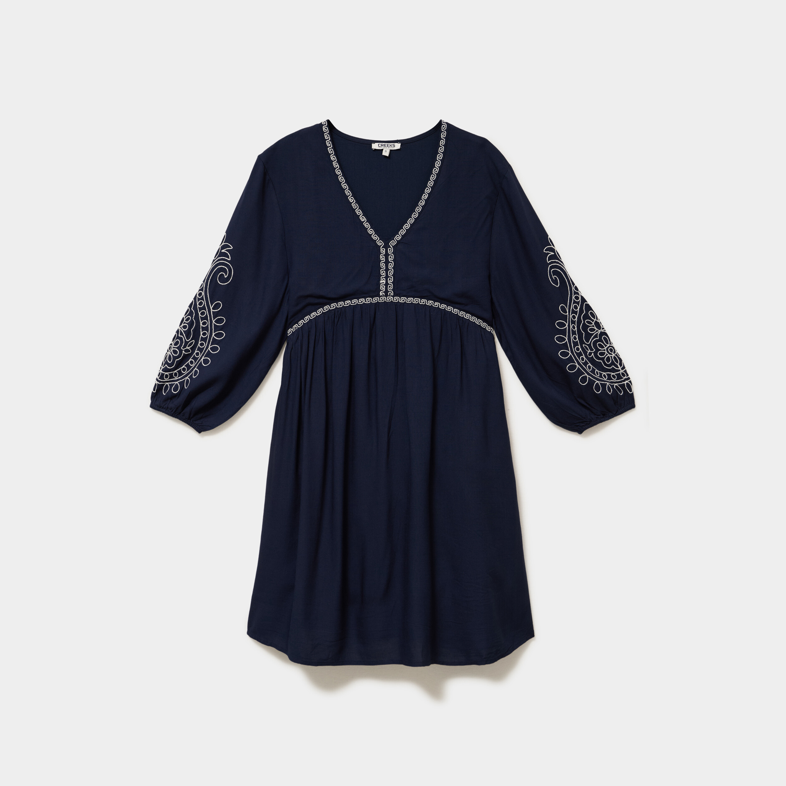 Robe courte brod&eacute;e manches 3/4 bleu fonc&eacute; femme