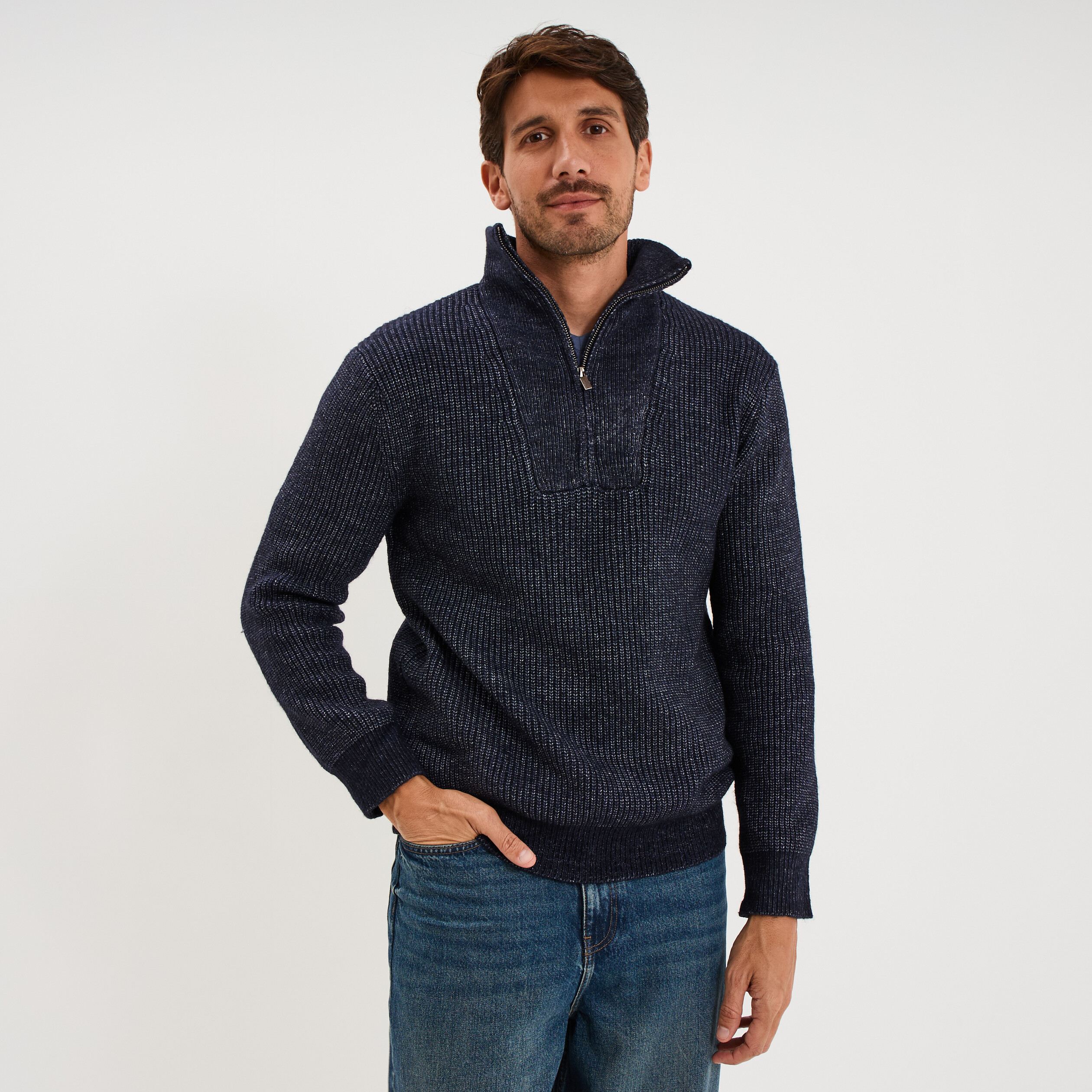 Pull avec col camionneur c&ocirc;tel&eacute; bleu fonc&eacute; homme