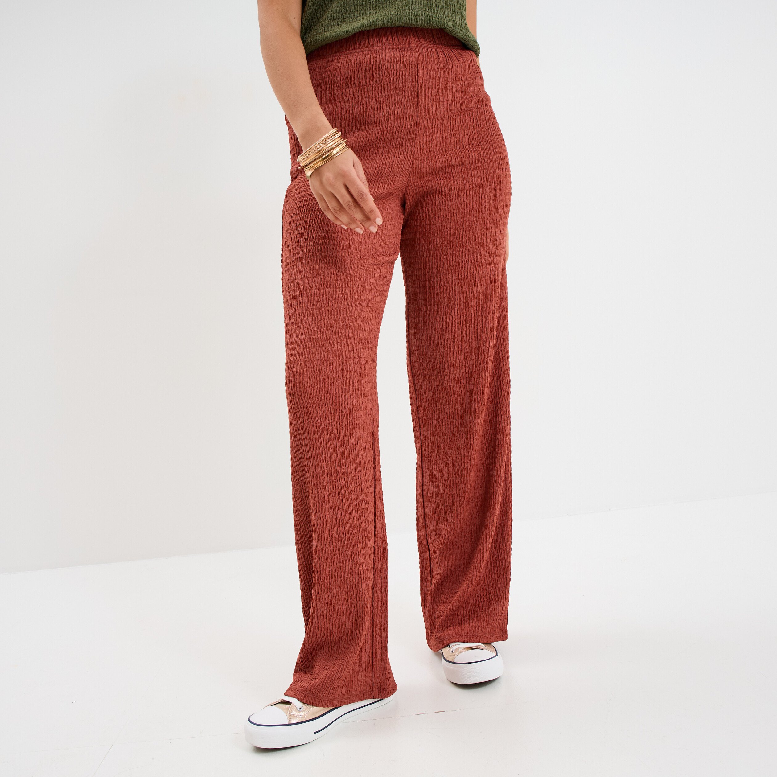 pantalon effet gaufre taille elastiquee vieux rose femme Pantalon effet gaufré taille élastiquée vieux rose femme