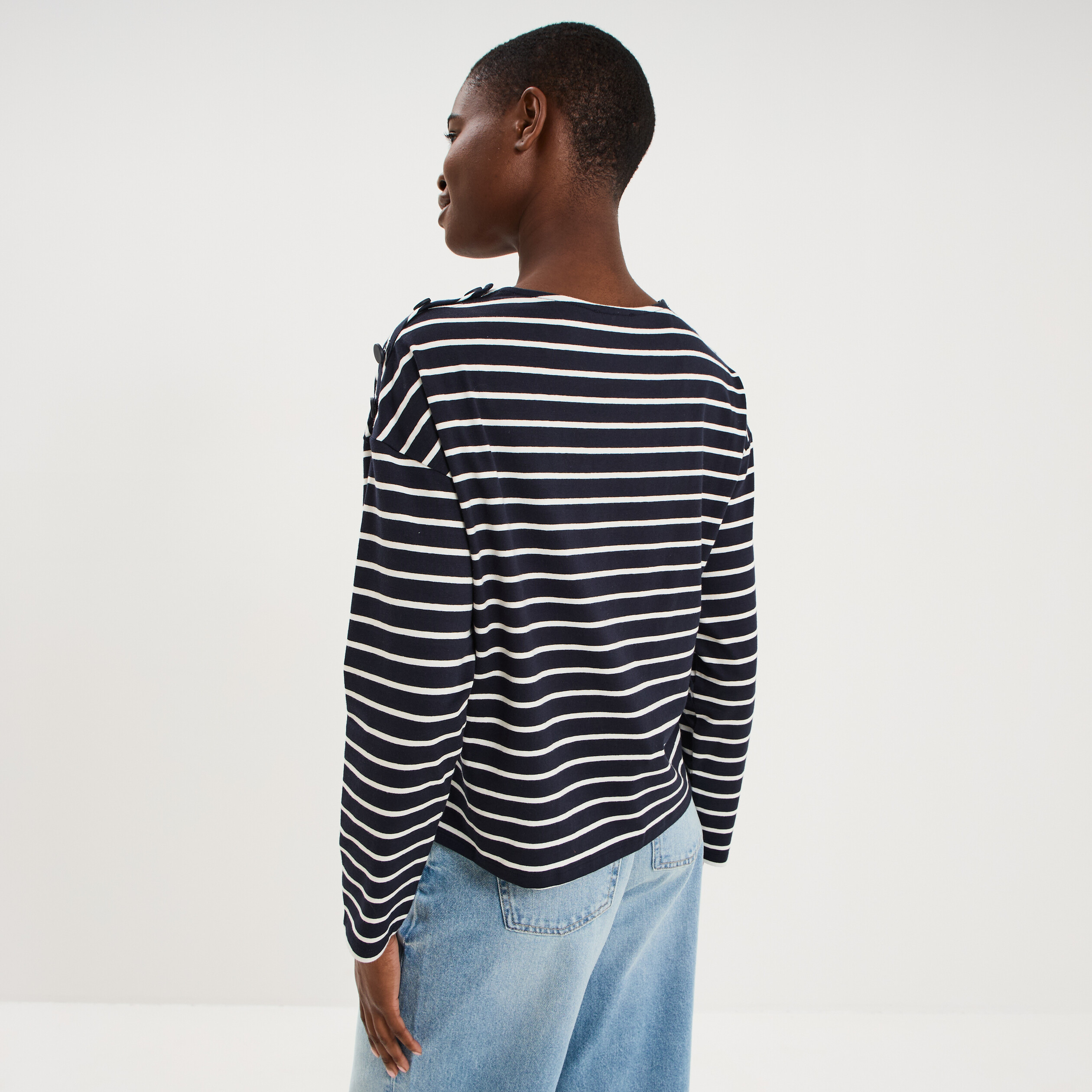 T-shirt marini&egrave;re col rond avec boutons ecru femme