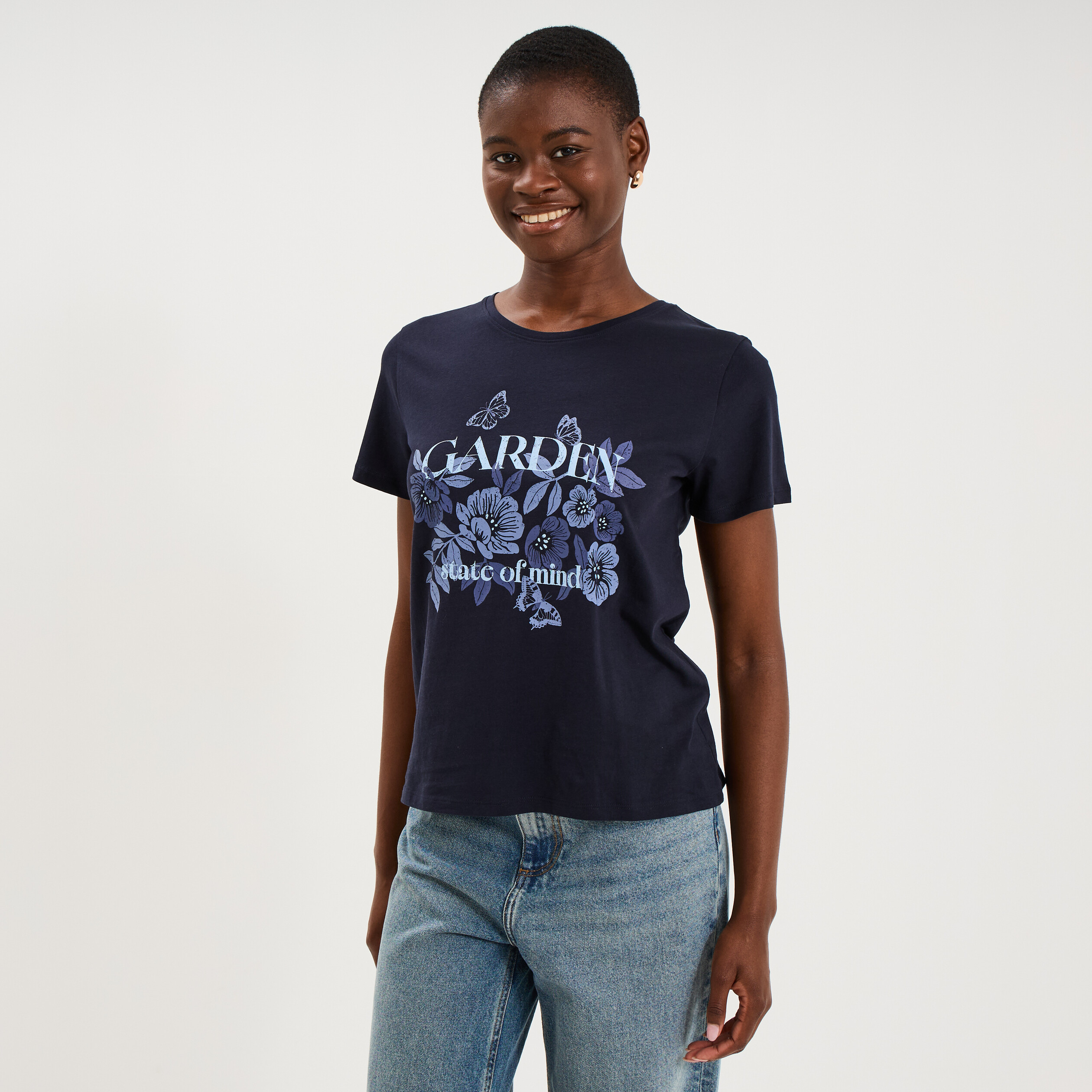 T-shirt ajust&eacute; manches courtes coton bleu marine femme