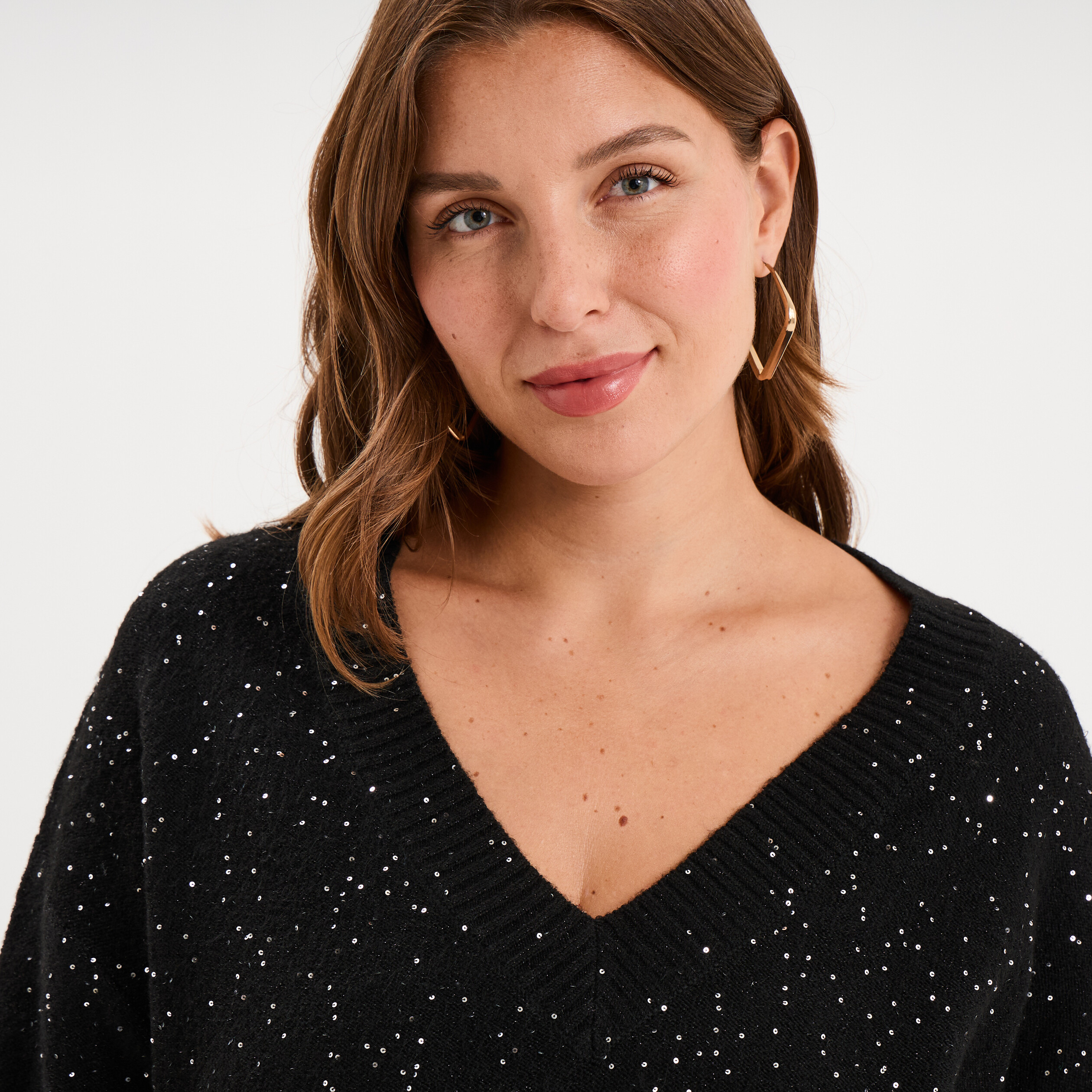 Pull droit sequins col V manches longues noir femme grande taille