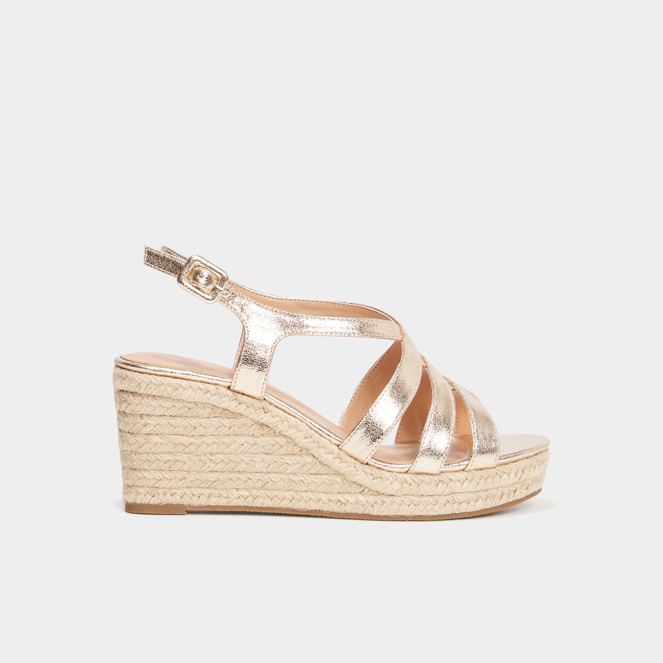 Sandales compens&eacute;es brides crois&eacute;es jaune or femme